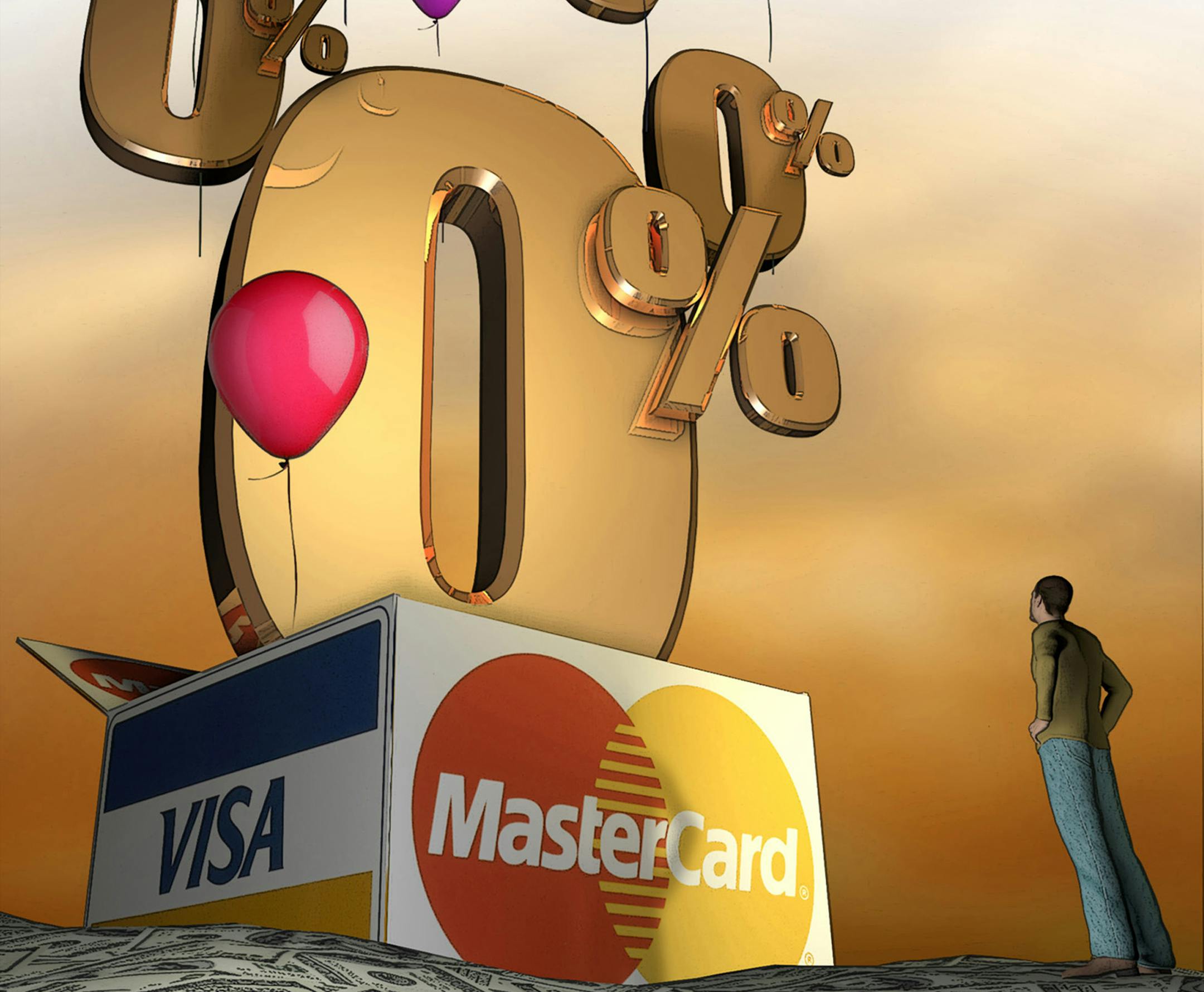 300 dpi Rick Nease illustration of Visa, MasterCard credit cards beneath "0%" symbols; can be used with stories about 0% credit cards. (The Detroit Free Press/MCT) ORG XMIT: 1102895