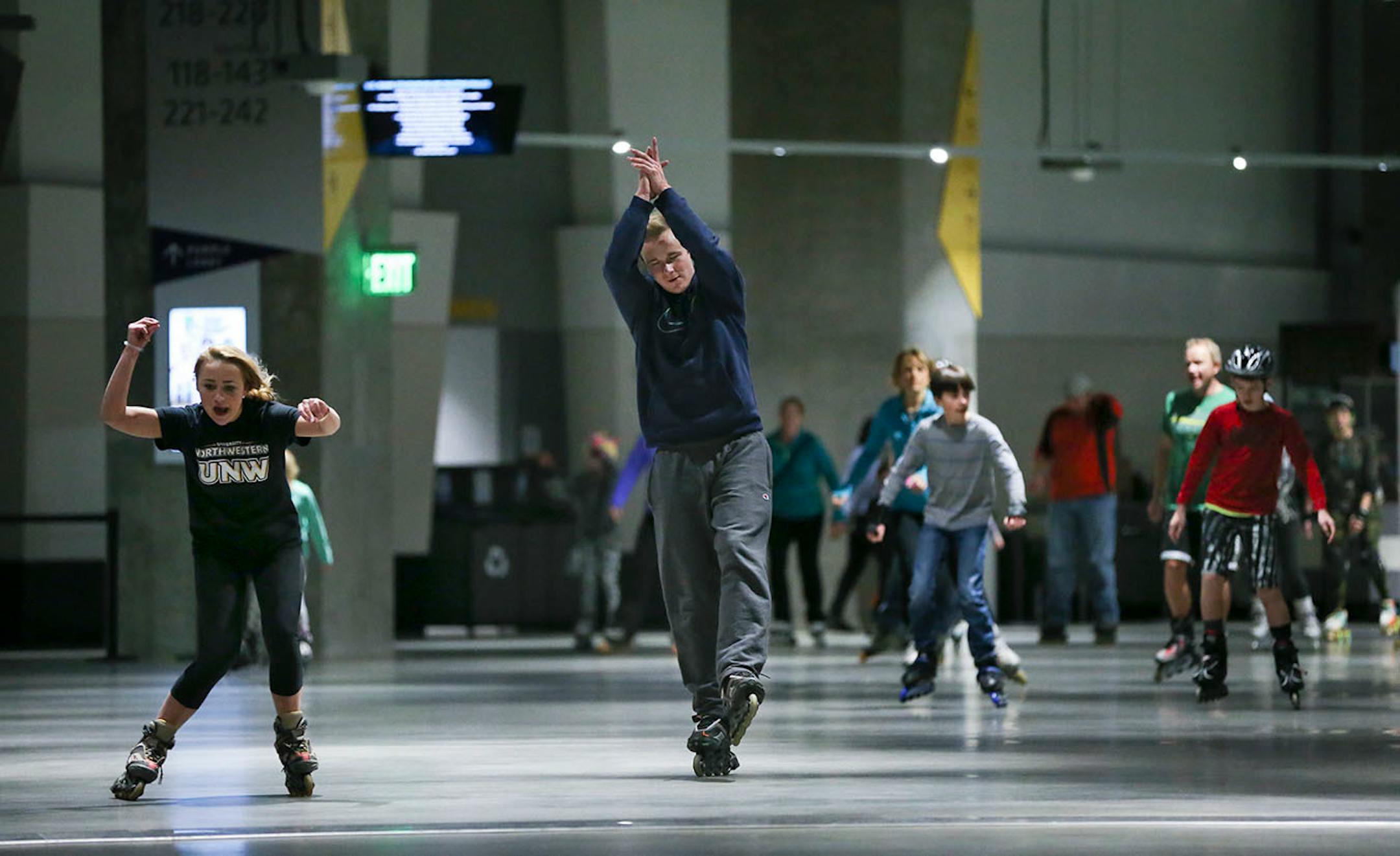 Skaters of all abilities rollered around the concourse of U.S. Bank Stadium Tuesday night. ] JEFF WHEELER ï jeff.wheeler@startribune.com Inline skating has begun in the concourse of U.S. Bank Stadium with more dates added through March 2017 due to popular demand. Hundreds of people skated during the family period from 5- 7 p.m. Tuesday night, December 27, 2016.