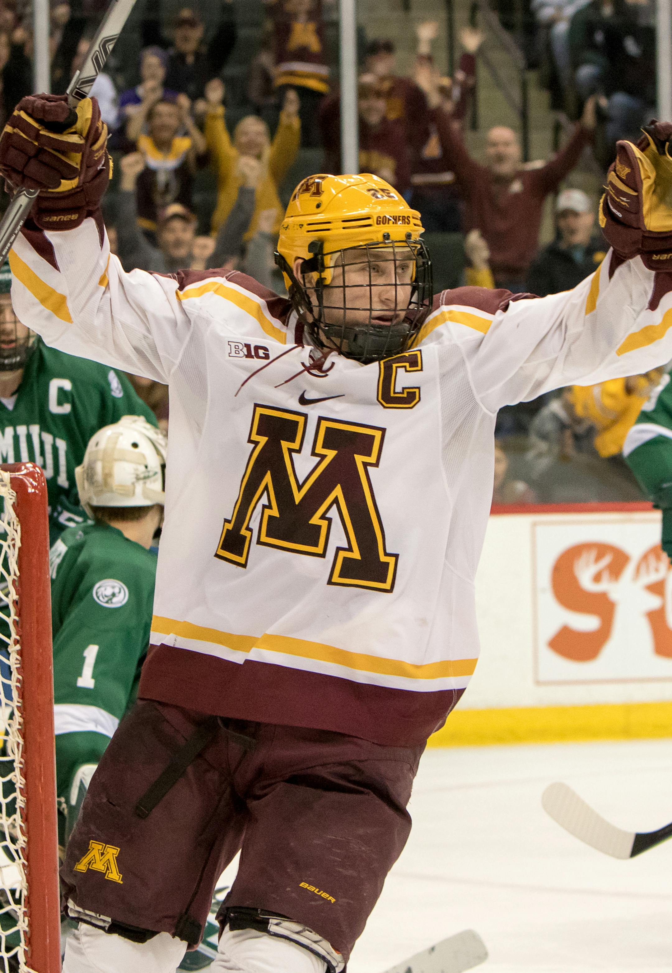Minnesota Golden Gophers forward Justin Kloos (25) celebrates after putting the Gophers up 2-1 in the 2016 North Star College Cup tournament semi finals on January 30, 2016 at the Xcel Energy Center in St. Paul, Minnesota. ] Special to Star Tribune MATT BLEWETT • matt@mattebphoto.com - January 30, 2016, St. Paul, Minnesota, University of Minnesota Gophers, Bemidji State Beavers, 2016 North Star College Cup, 213971 UPUK 013116 ORG XMIT: MIN1601301907232836