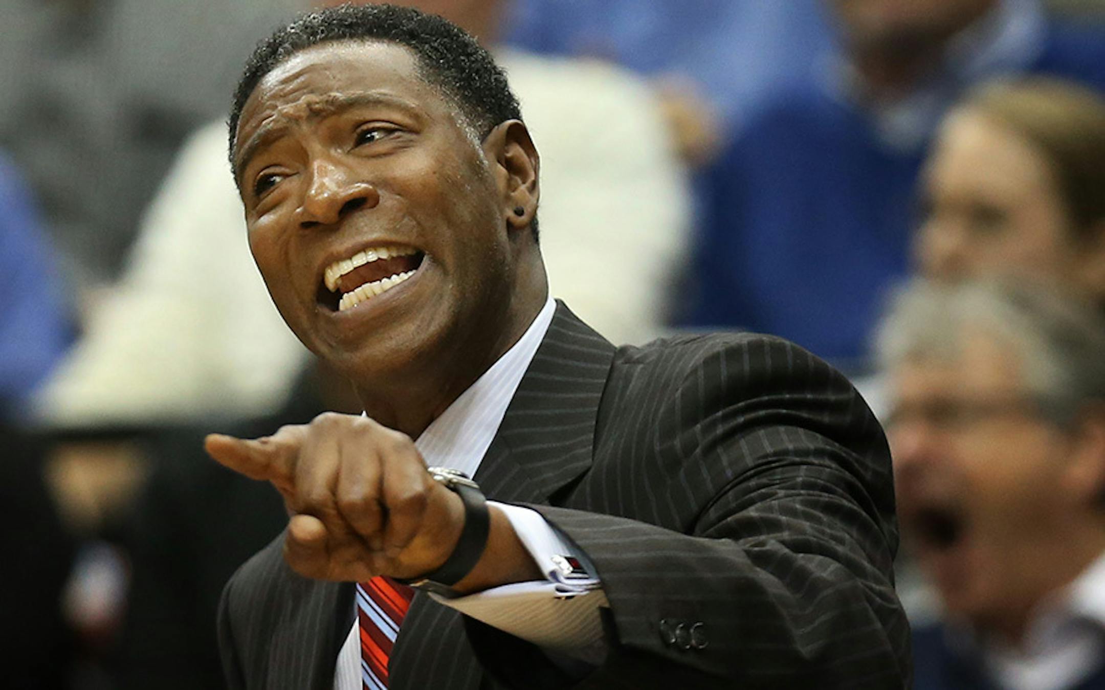 Minnesota Timberwolves head coach Sam Mitchell yelled instruction to his team at Target Center Tuesday November 10, 2015 in Minneapolis, MN.