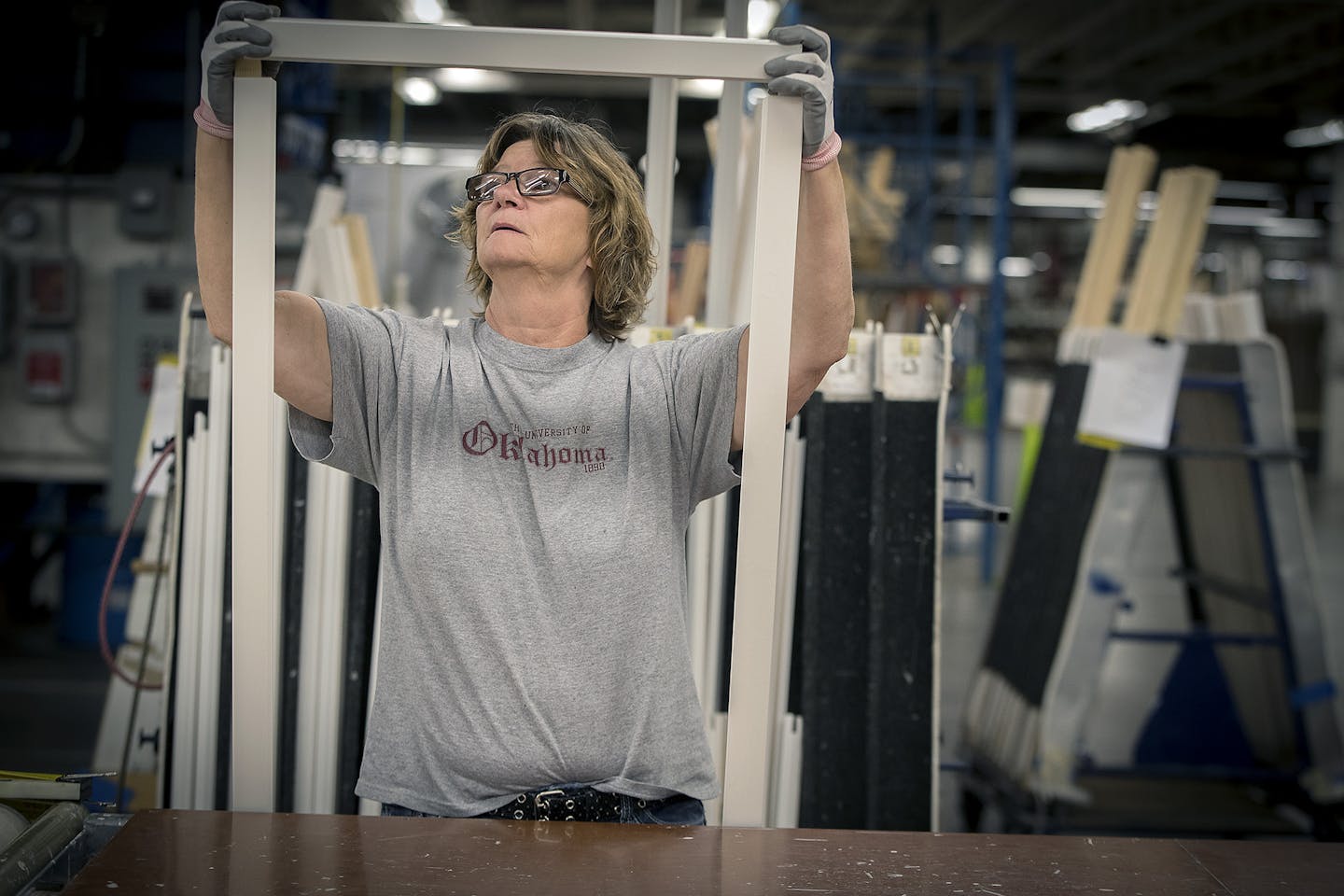 Wndows are framed at the Marvin factory in Warroad in 2017. (ELIZABETH FLORES/liz.flores@startribune.com)