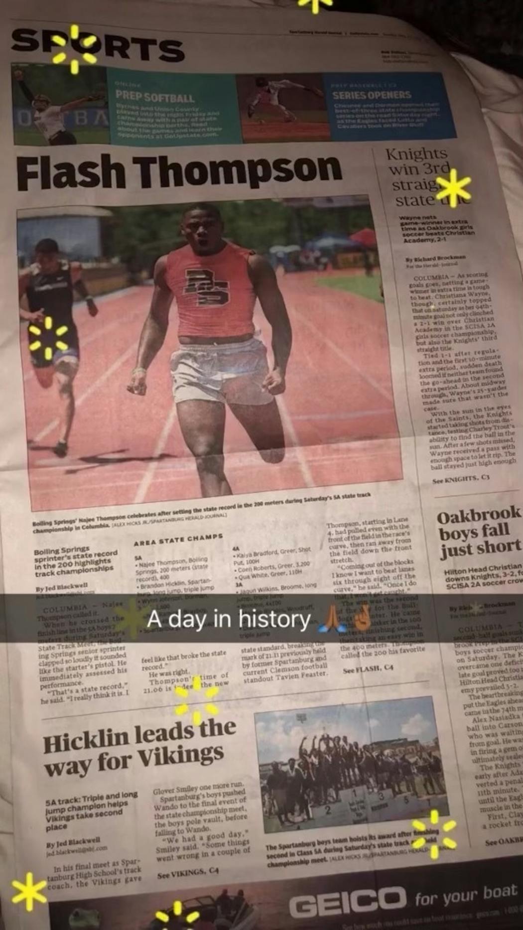 Vikings rookie NaJee Thompson still has a photo of the Spartanburg Herald Journal sports page from when he set a South Carolina record winning the 200-meter championship in 2018.