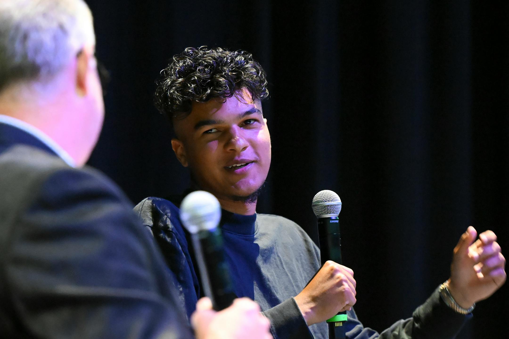 Former DeLaSalle basketball star and NBA player Tyrell Terry speaks to Star Tribune columnist Chip Scoggins during the Star Tribune's sixth annual All-Metro Sports Awards show.
