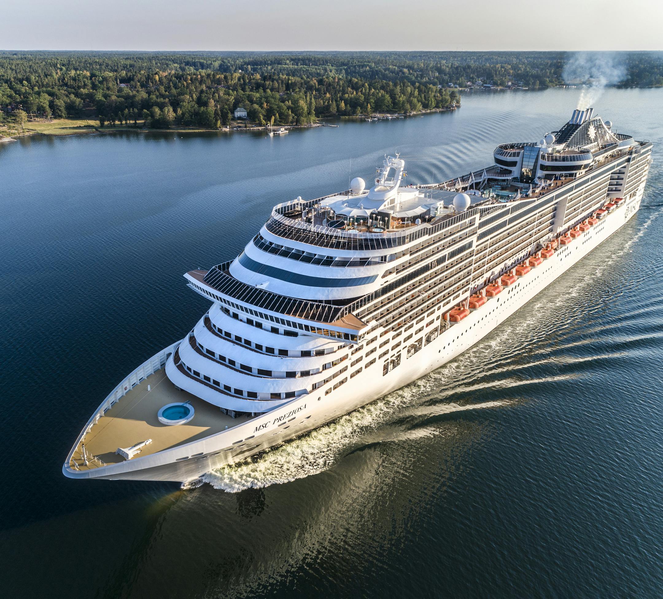 Skeppsdal, Stockholm, Sweden - July, 17th 2018: MSC Preziosa Cruiser Ship passing by in the Stockholm Swedish archipelago.