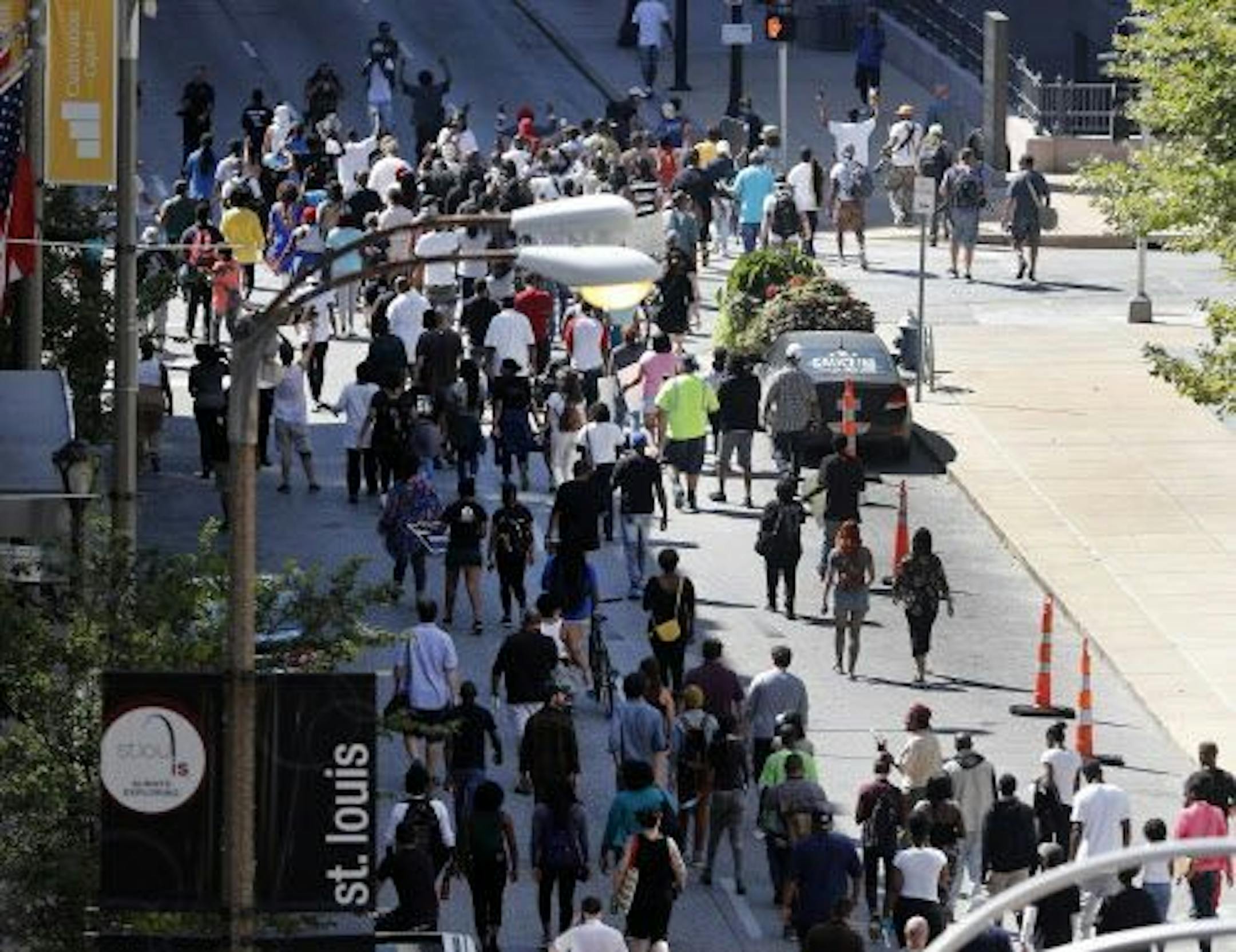Protesters walk a downtown street following a verdict in the trial of former St. Louis police officer Jason Stockley Friday, Sept. 15, 2017, in St. Louis. Stockley has been found not guilty in the 2011 killing of Lamar Smith following a high-speed chase.