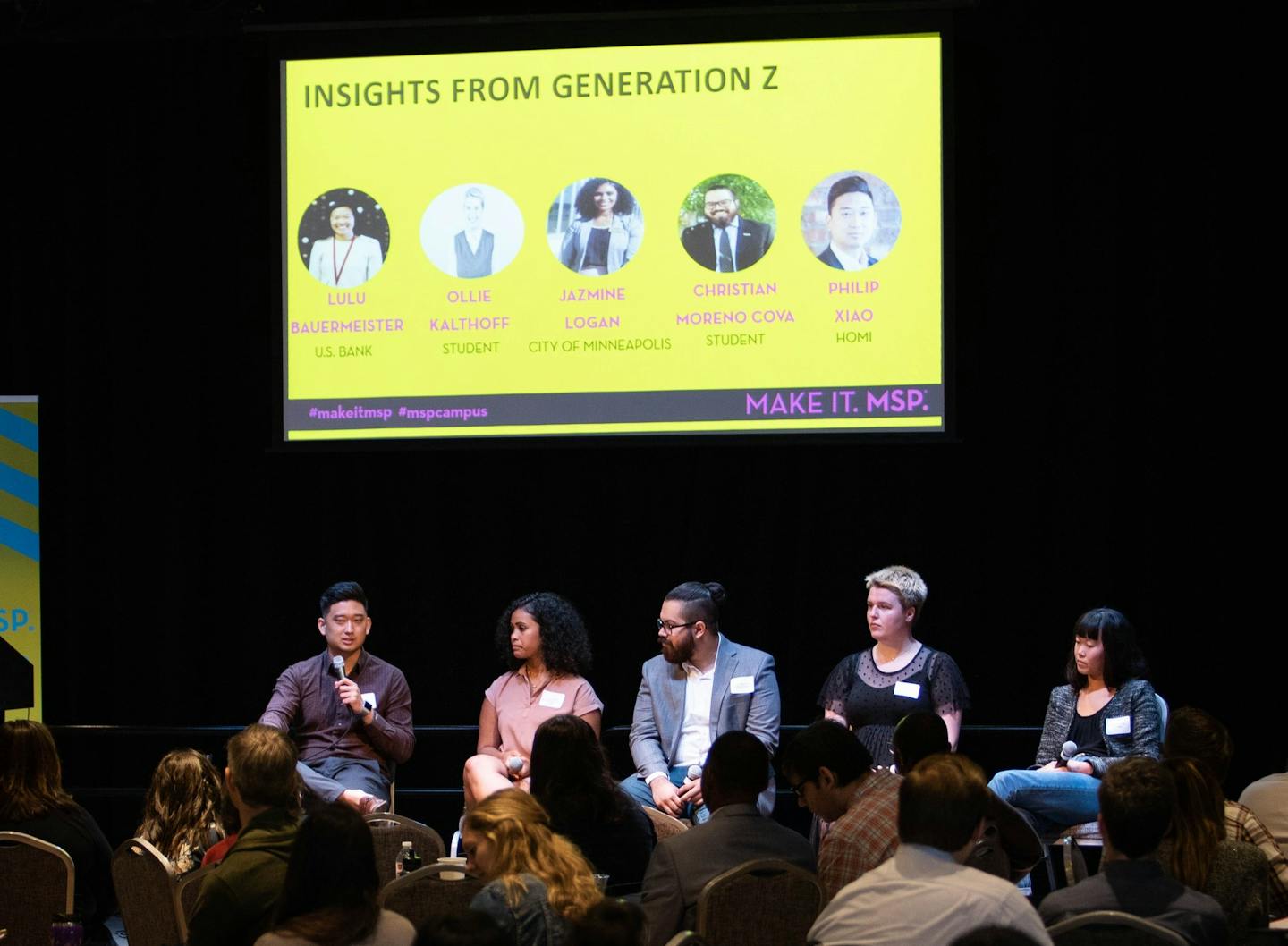 Philip Xiao, left, led a panel about the Generation Z workforce at a gathering of Twin Cities business leaders assembled by Greater MSP. Sharing the stage with him were Jazmine Logan, Christian Moreno Cova, Ollie Kalthoff and Lulu Bauermeister.