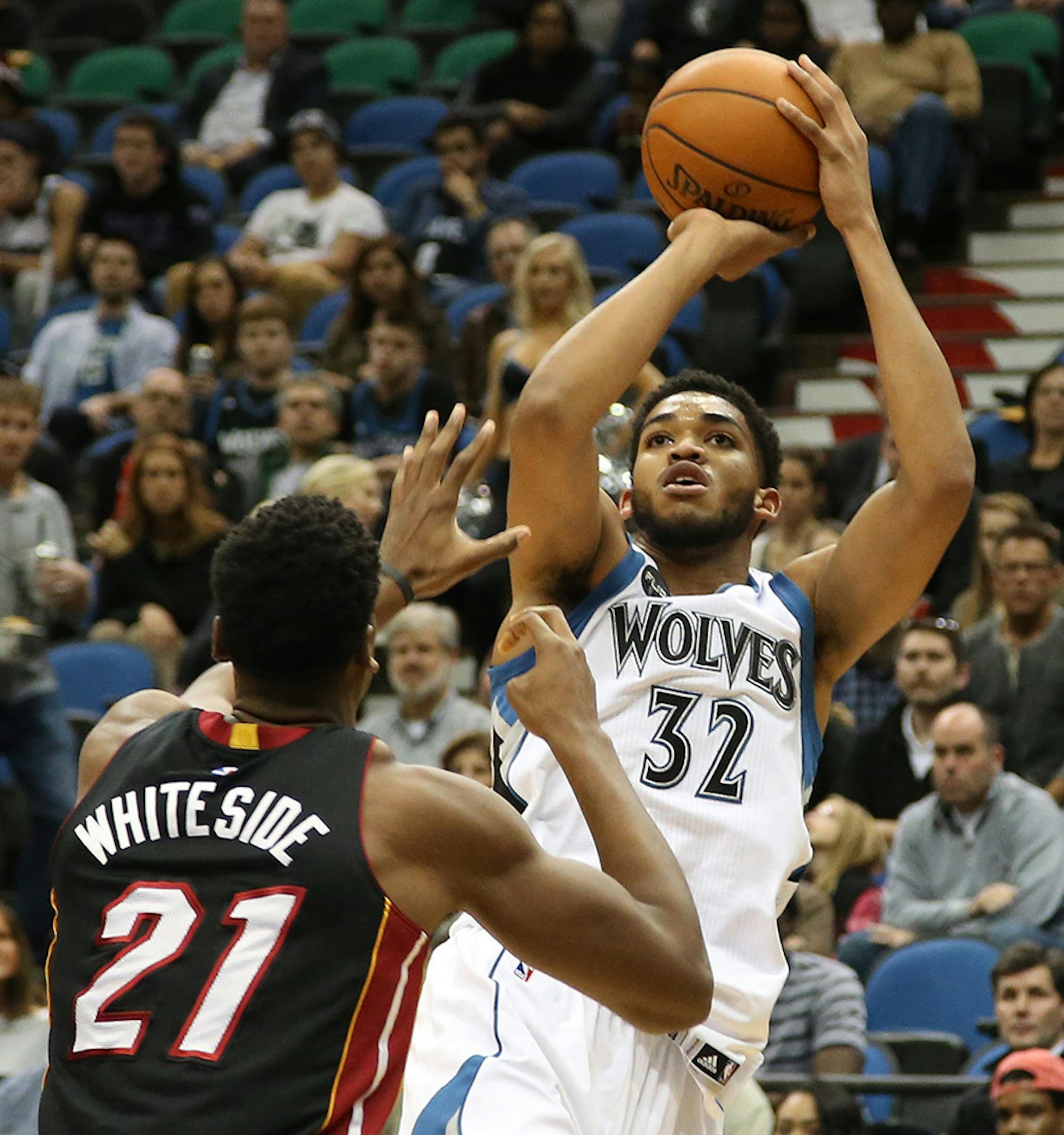 Karl-Anthony Towns made a pull up jumper over Miami's Hassan Whiteside during the first half in early November.