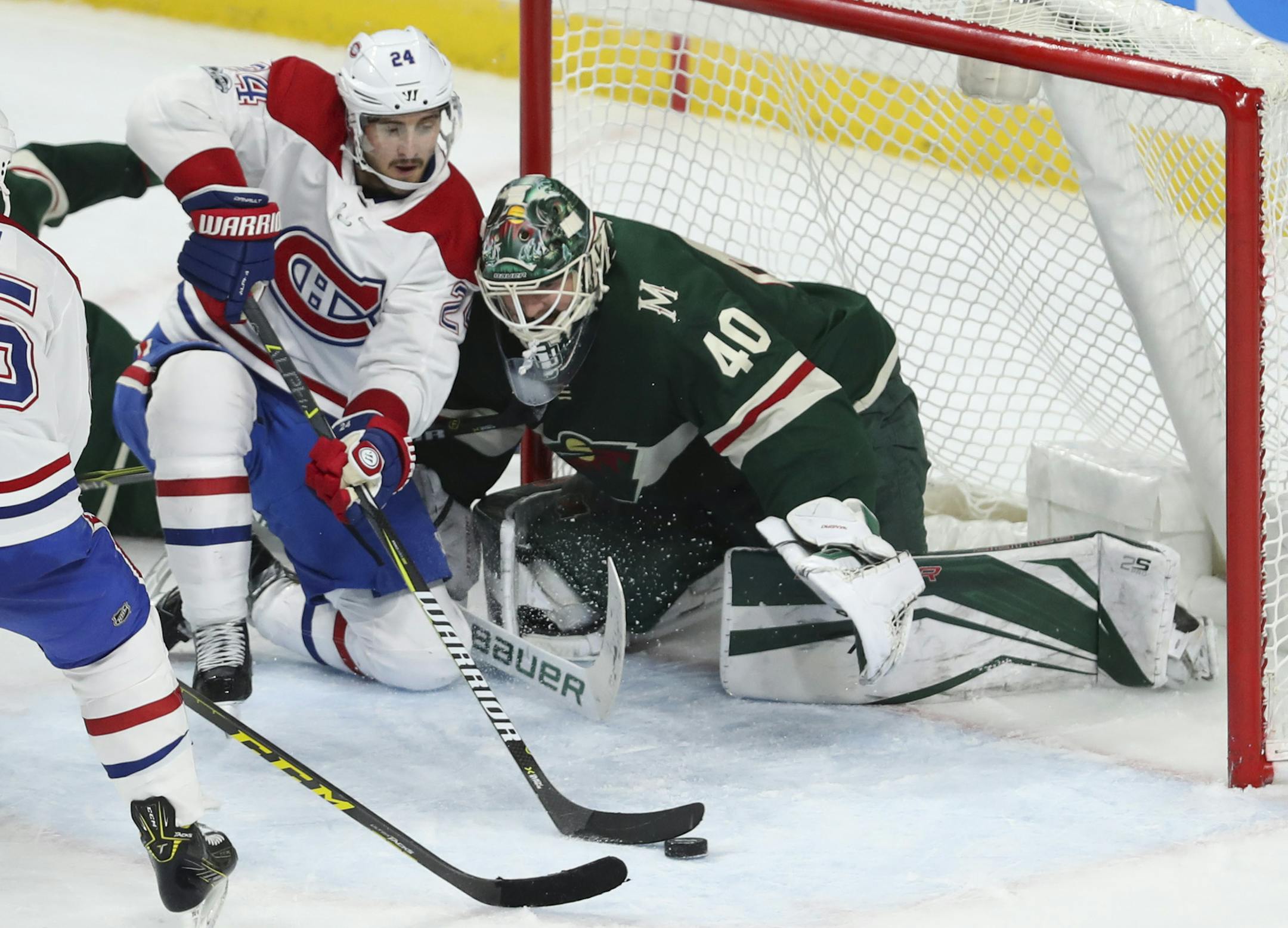 Montreal Canadiens center Phillip Danault (24) tried, but failed to get the puck past Minnesota Wild goalie Devan Dubnyk (40) in the second period. ] JEFF WHEELER ï jeff.wheeler@startribune.com The Minnesota Wild faced the Montreal Canadiens in an NHL hockey game Thursday night, November 2, 2017 at Xcel Energy Center in St. Paul.