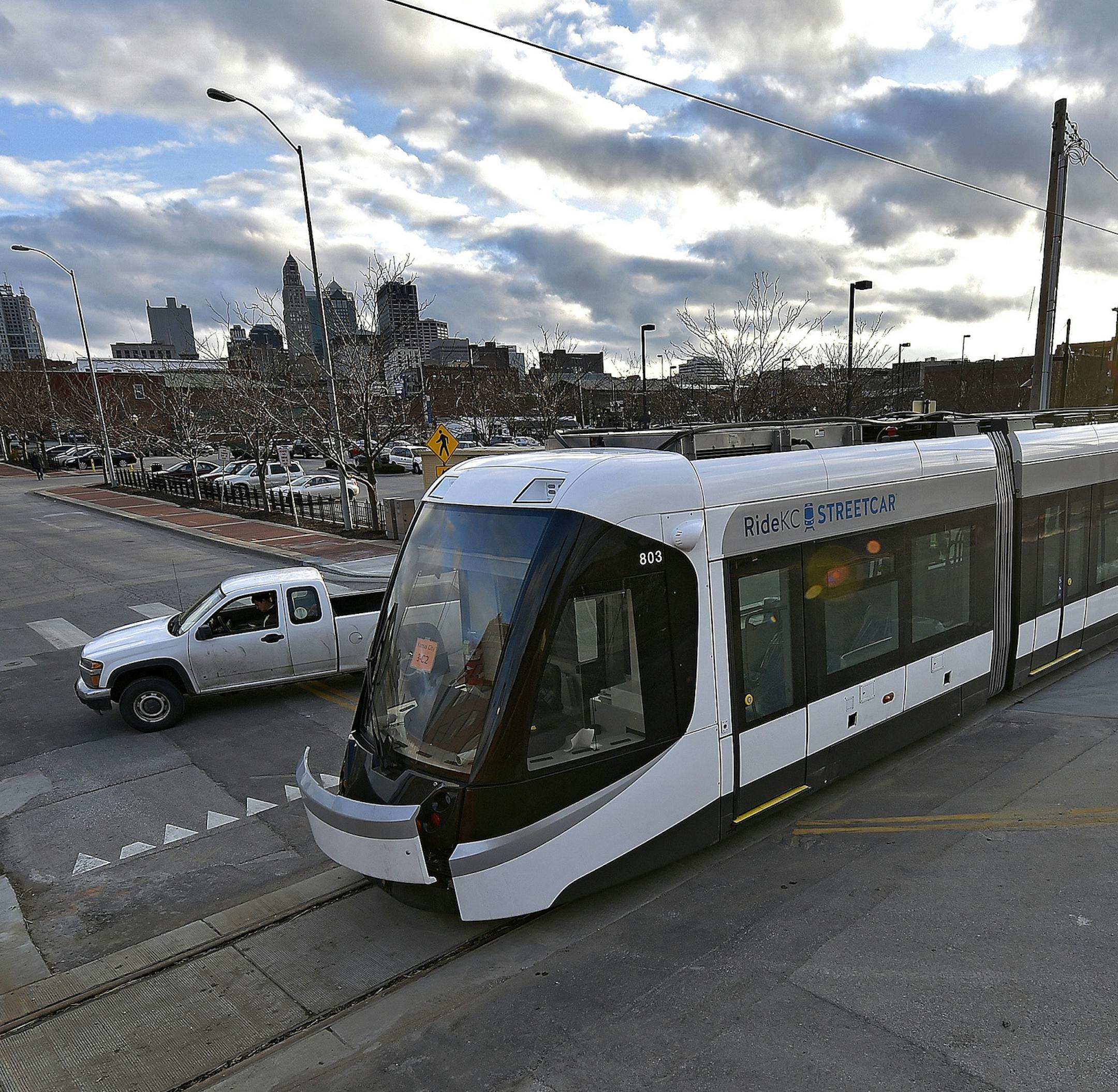 A streetcar to be delivered to Kansas City is offloaded from its trailer on Wednesday, Feb. 3, 2016, in Kansas City, Mo. The city is on schedule to begin service in April. (John Sleezer/Kansas City Star/TNS)
