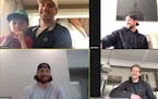 Zach Parise and his son, Jaxson, were on a teleconference with other NHL players yesterday. Others are Gabe Landeskog (lower left, Jamie Benn (upper r