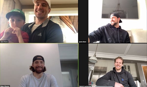 Zach Parise and his son, Jaxson, were on a teleconference with other NHL players yesterday. Others are Gabe Landeskog (lower left, Jamie Benn (upper r