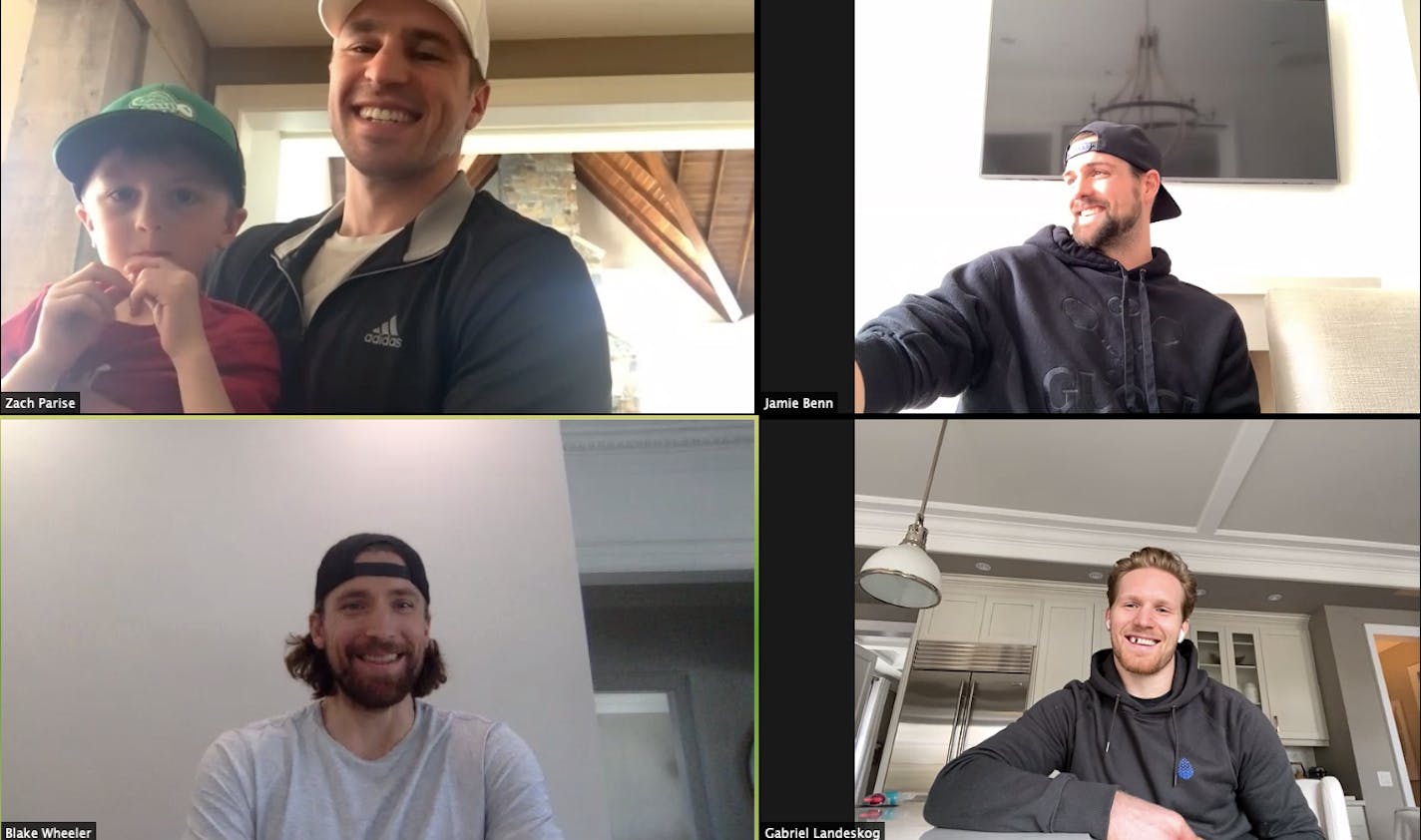 Zach Parise and his son, Jaxson, were on a teleconference with other NHL players yesterday. Others are Gabe Landeskog (lower left, Jamie Benn (upper right) and Blake Wheeler (lower left).