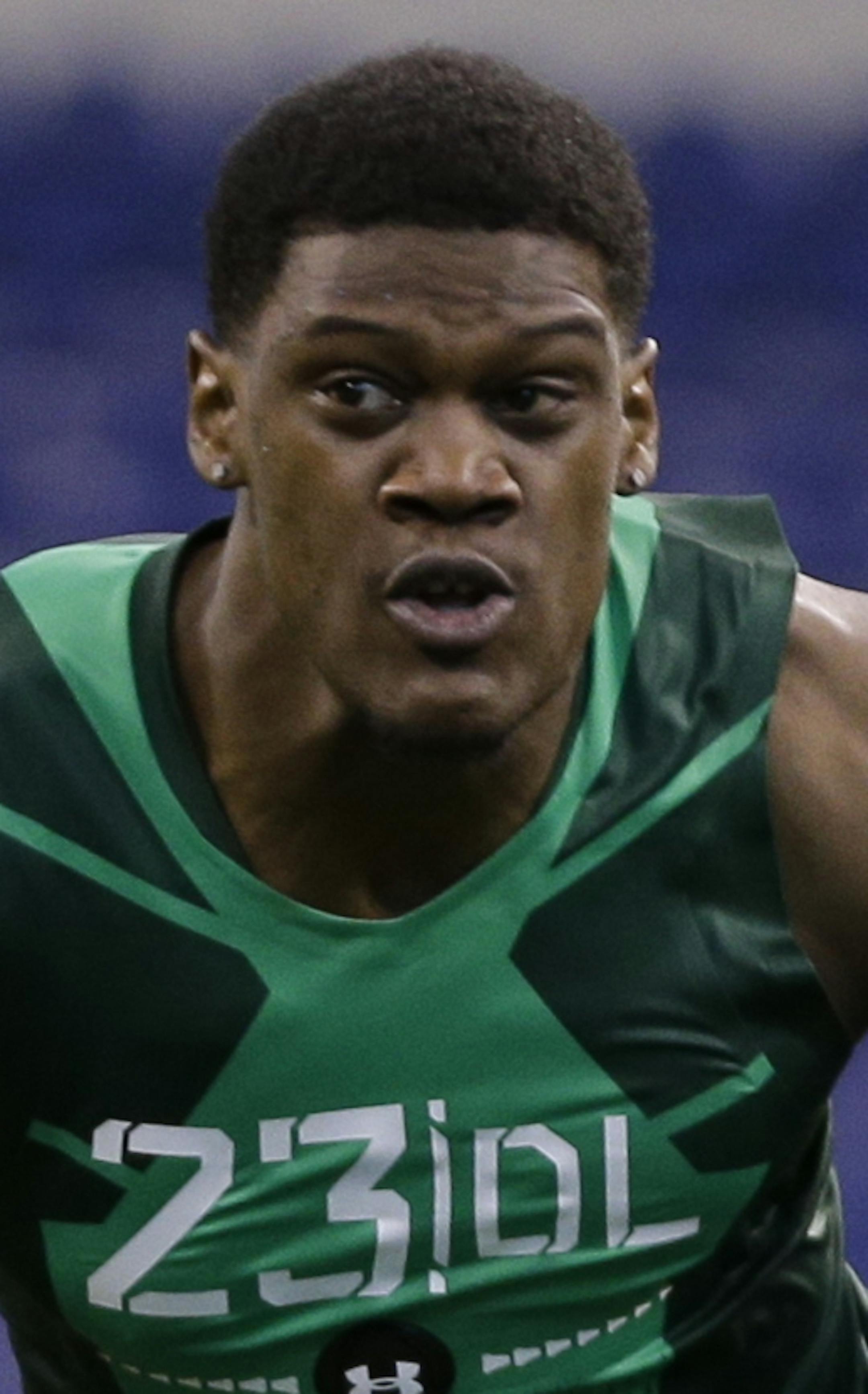 Nebraska defensive lineman Randy Gregory runs a drill at the NFL football scouting combine in Indianapolis, Sunday, Feb. 22, 2015. (AP Photo/David J. Phillip) ORG XMIT: NYOTK