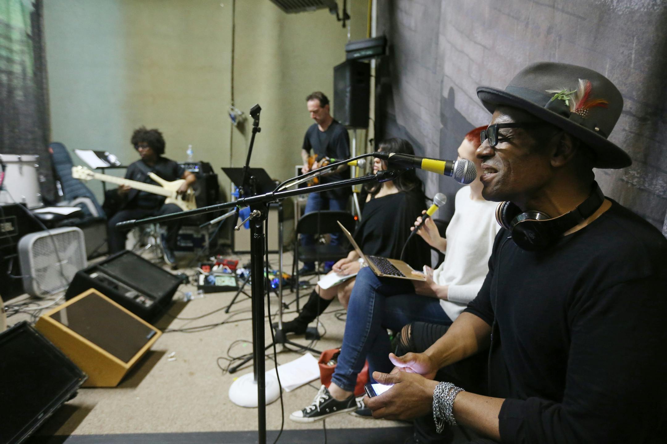 Julius Collins (singer; from Greazy Meal) practiced with members of The New Power Generation Band during a rehearsed for and upcoming Prince tribute concert at the Parkway Theater May 31, 2016 in Minneapolis, MN.