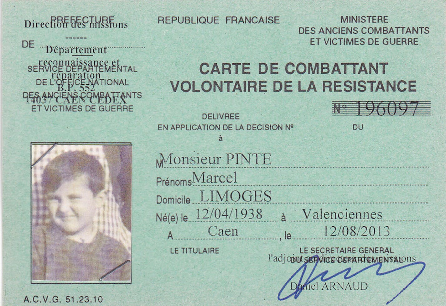 The Resistance card of Marcel Pinte. Quinquin, his code name, followed orders, crossing enemy lines to pass messages if needed. In the end he was killed by friendly fire, at the age of 6.