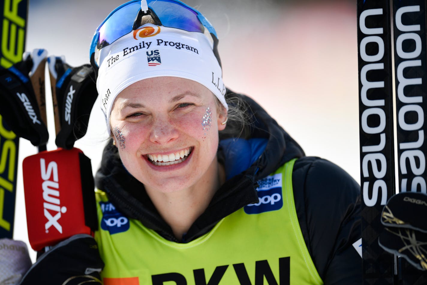 Jessica Diggins of the USA smiles after the women's 10km free style race at the Davos Nordic FIS Cross Country World Cup in Davos, Switzerland, Sunday, Dec. 15, 2019.