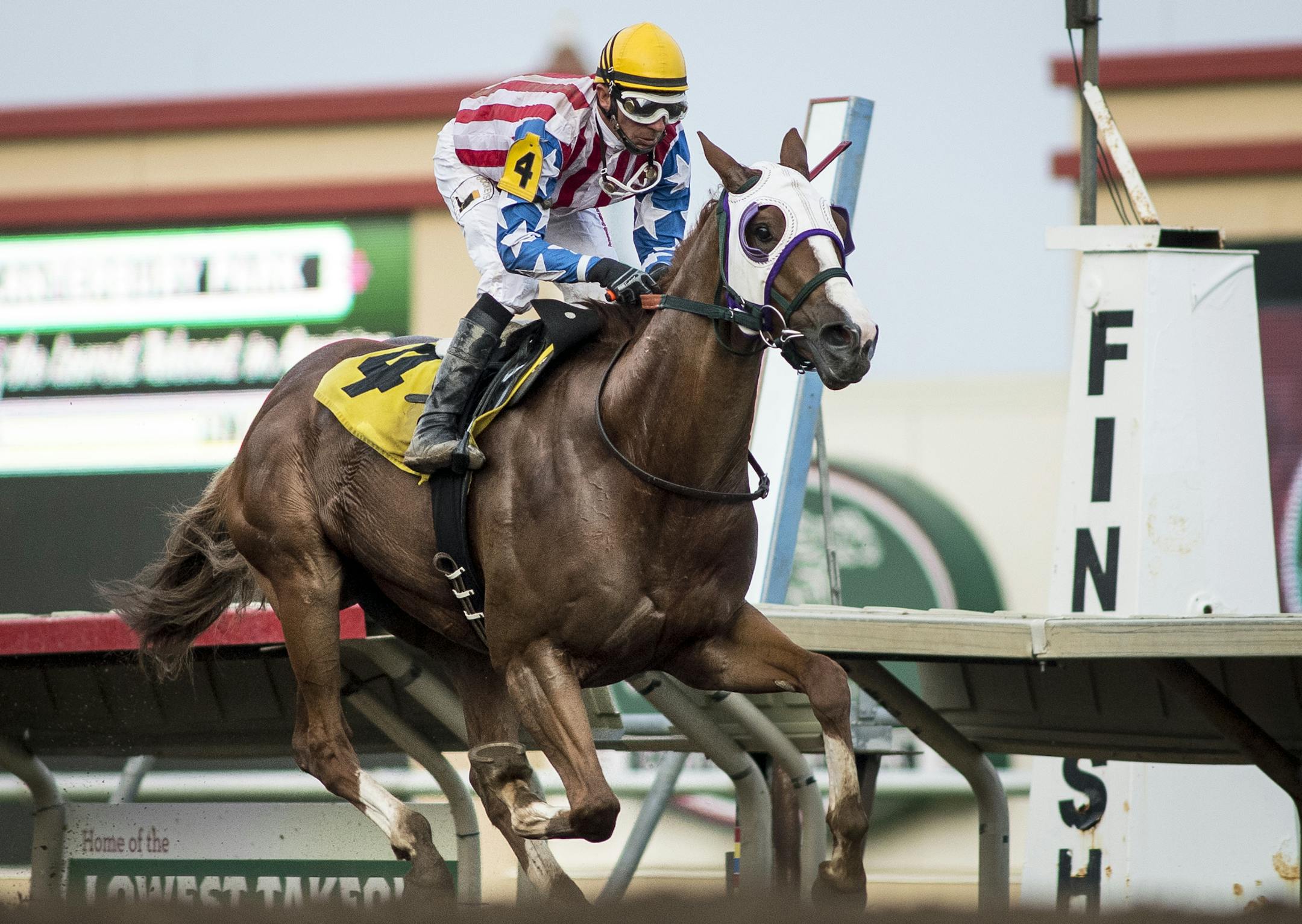 Dean Butler rode "Cupid's Delight" past the finish line to finish first in the 3th race Friday night at Canterbury Park. ] (AARON LAVINSKY/STAR TRIBUNE) aaron.lavinsky@startribune.com The racing season kicked of at Canterbury Park on Friday, May 20, 2016 in Shakopee, Minn.