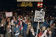 Minnesota Twins fans rejoice outside the Metrodome after winning Game 7 of the 1987 World Series.
