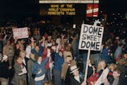 Minnesota Twins fans rejoice outside the Metrodome after winning Game 7 of the 1987 World Series.