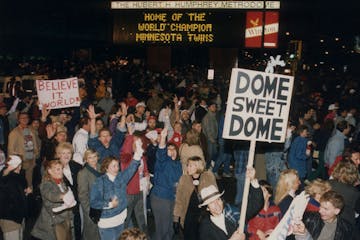 Minnesota Twins fans rejoice outside the Metrodome after winning Game 7 of the 1987 World Series.