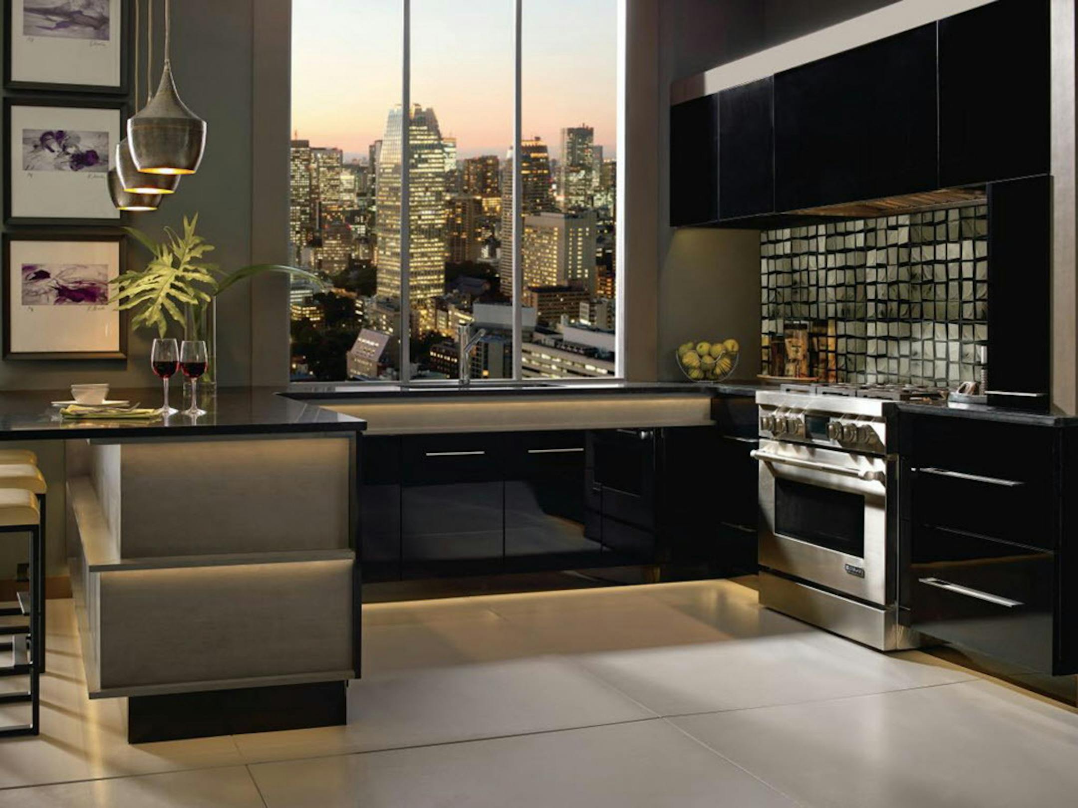 Another example of MasterBrand Cabinets' high-gloss painted cabinets in striking black reflects sophisticated glamour in a city apartment.