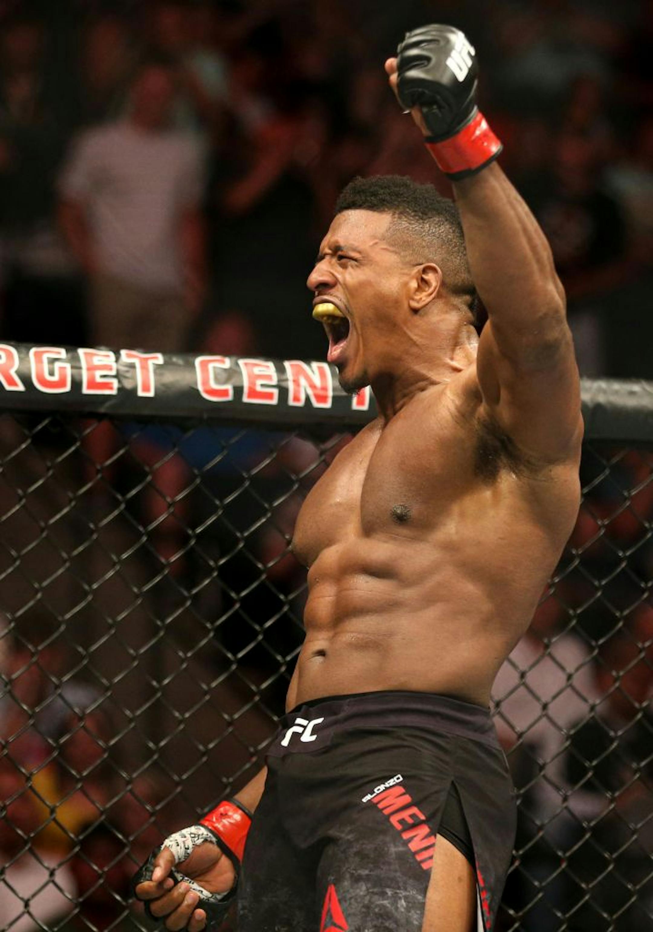 Alonzo Menifield celebrates his KO victory in the first round of his fight with Paul Craig. ALEX KORMANN ¥ alex.kormann@startribune.com UFC Fight Night was held at Target Center on Saturday June 29, 2019. Francis Ngannou and Junior Dos Santos headlined the event.