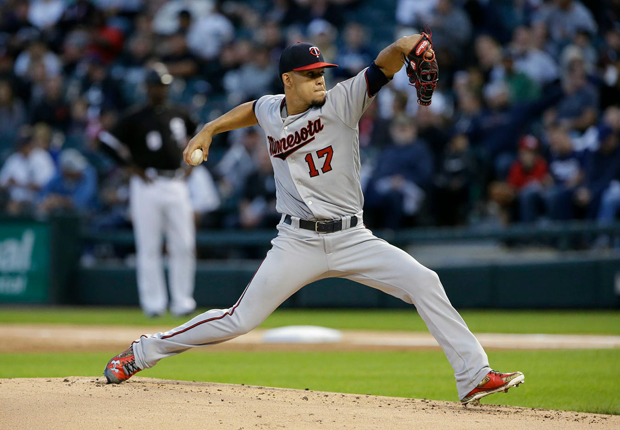Minnesota Twins starting pitcher Jose Berrios throws against the Chicago White Sox during the first inning of a baseball game Thursday, Aug. 24, 2017, in Chicago.
