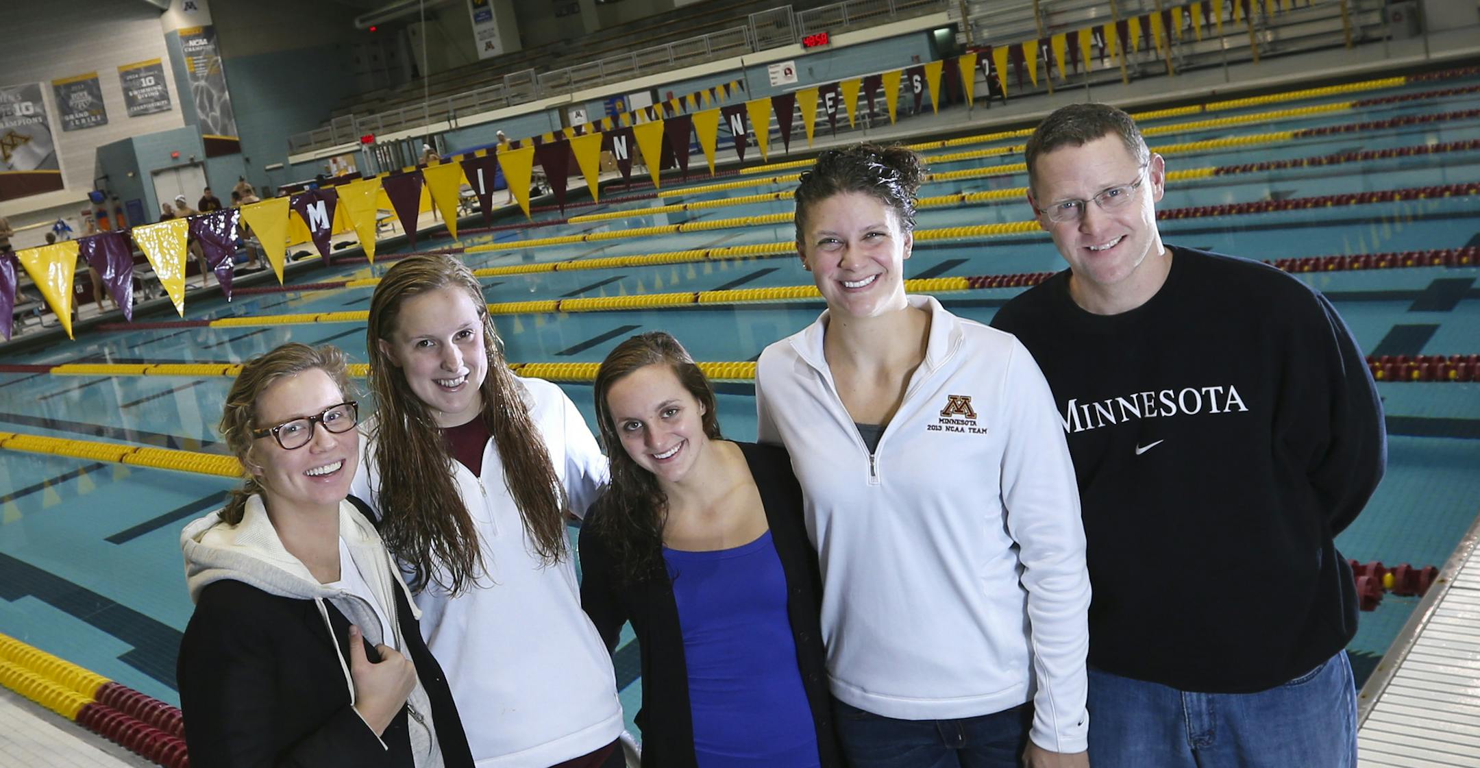 From the left; Kiera Janzen, Erin Caflisch, Tori Simenec Becca Weiland and coach Kelly Kremer on Monday, February 17, 2014 at the University of Minnesota Aquatic Center in Minneapolis, Minn. The Gophers Womens squad is shooting for its third straight Big Ten title in their home pool. ] (RENEE JONES SCHNEIDER reneejones@startribune.com)