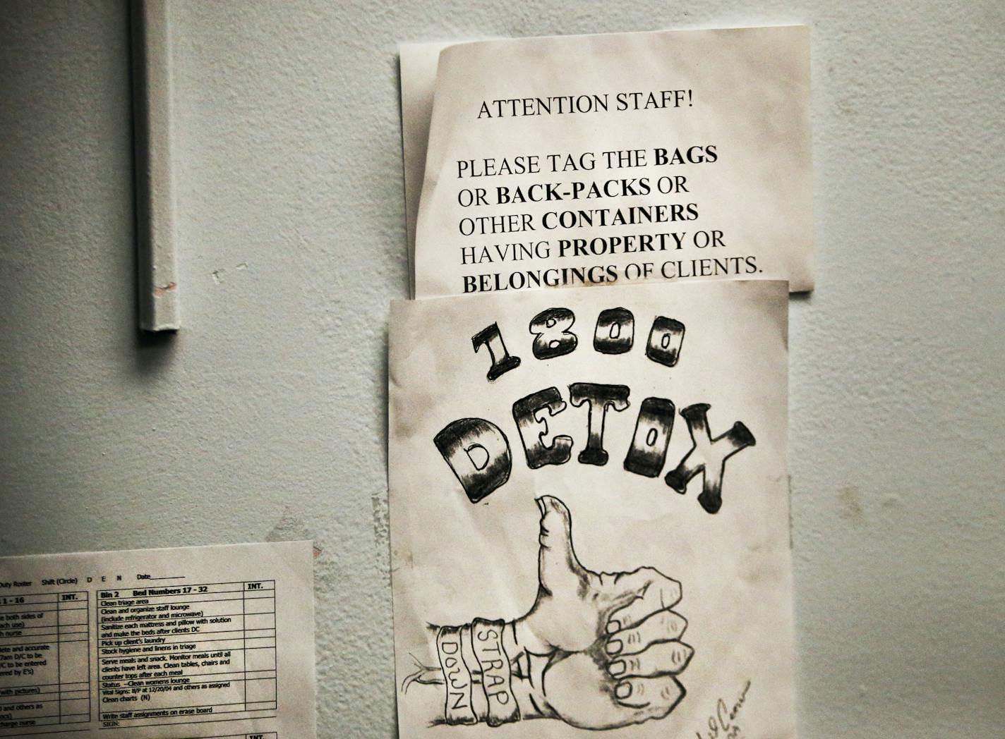 A sign and instructions are taped to a wall in the intake area of the Hennepin County Detox Center at 1800 Chicago Av. in Minneapolis.