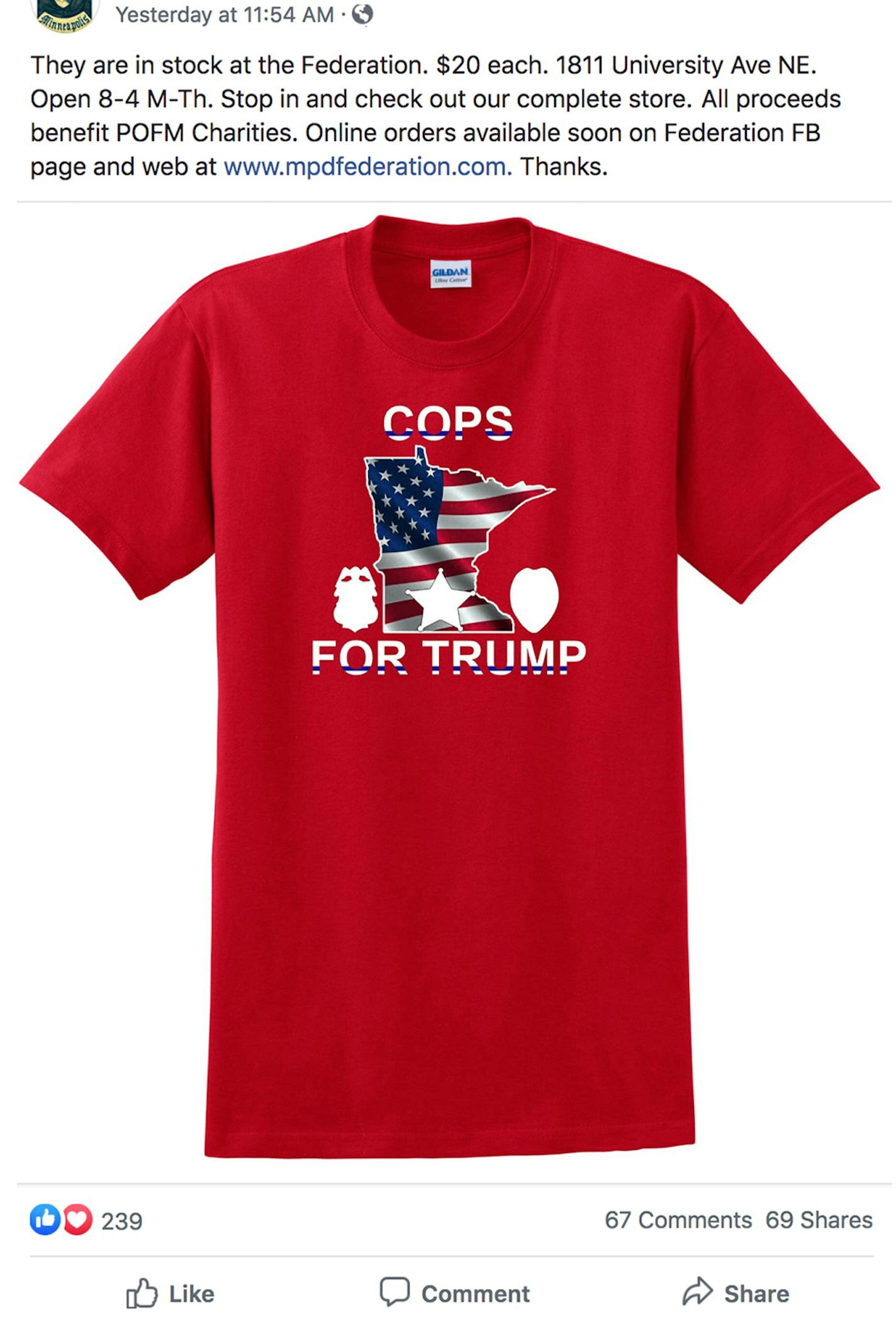 A Facebook post advertising a "Cops for Trump" t-shirt via the Minneapolis Police Federation website.