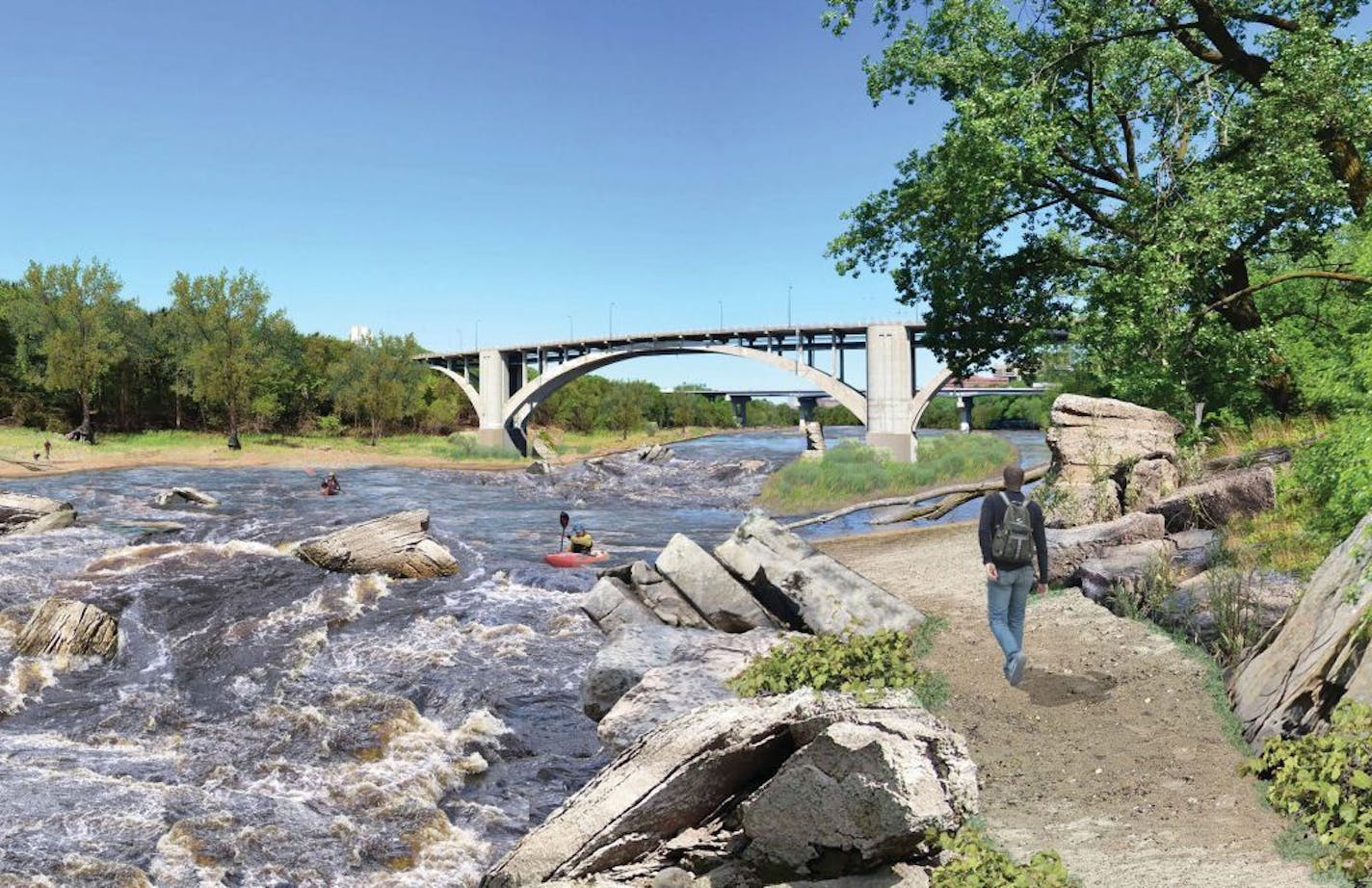 The Twin Cities would have a unique amenity if it were to restore the Mississippi River to its natural state. Besides the appeal for outdoors enthusiasts, such a condition could be the most natural way to halt the advance of invasive species. This rendering is of the view upstream toward the Franklin Avenue Bridge.