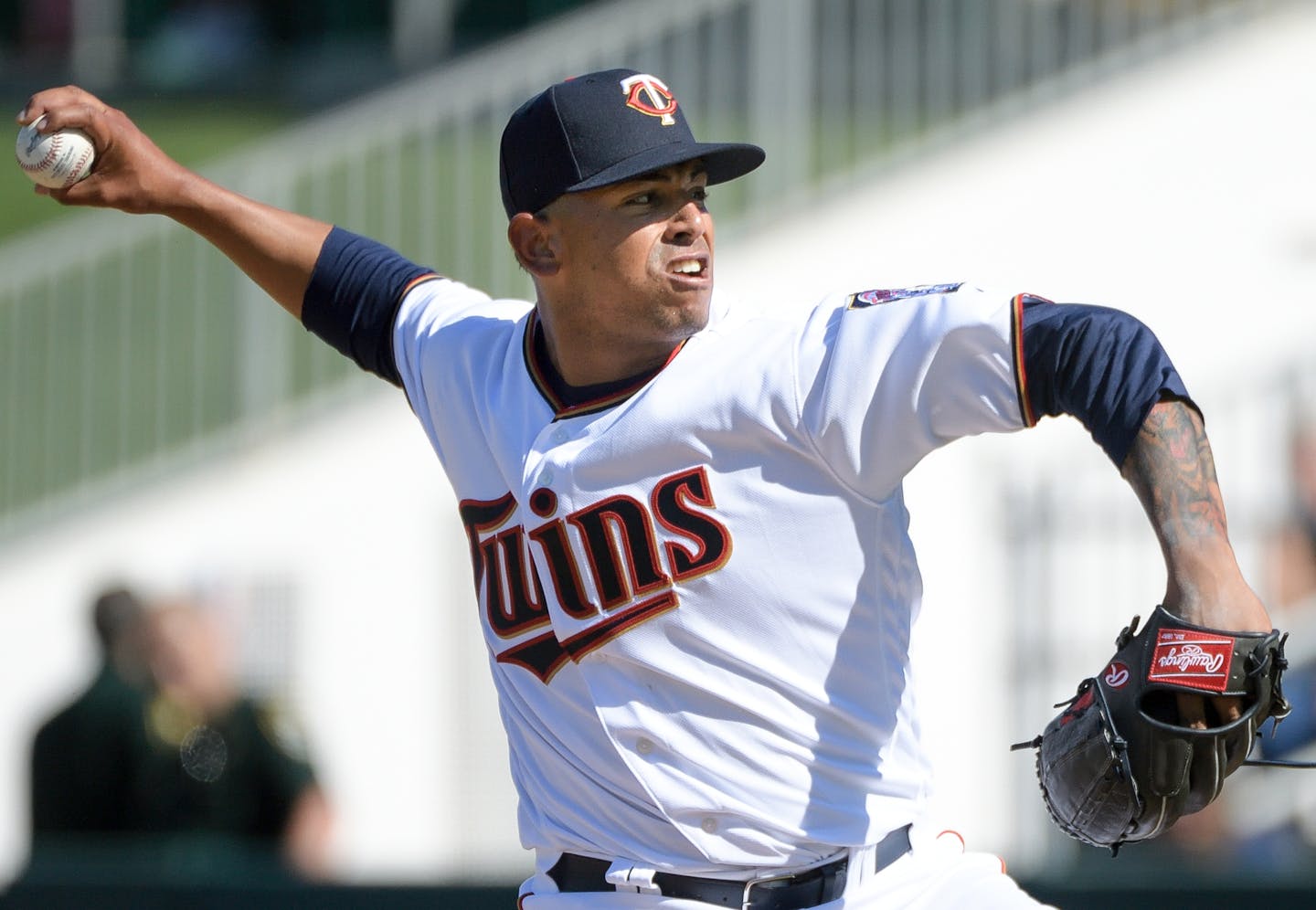 Twins pitcher Fernando Romero threw a pitch during Sunday's game against the Washington Nationals. ] AARON LAVINSKY &#xef; aaron.lavinsky@startribune.com The Minnesota Twins played the Washington Nationals on Sunday, Feb. 26, 2017 at CenturyLink Sports complex in Fort Myers, Fla.