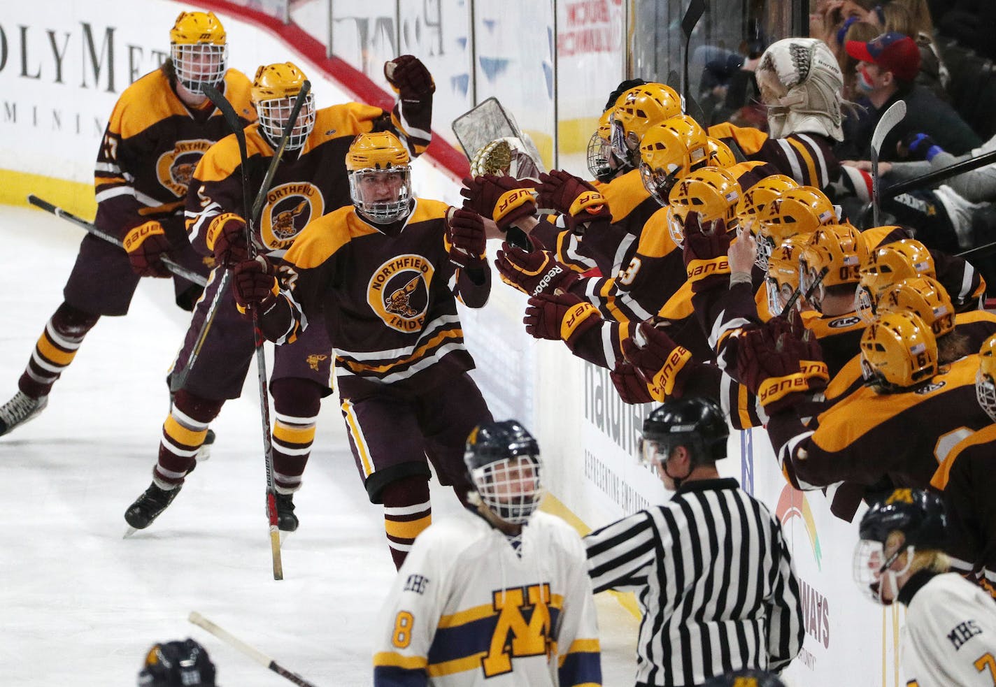 Northfield players celebrate after scoring in the second period. ] ANTHONY SOUFFLE &#xef; anthony.souffle@startribune.com Players competed during the boys' hockey state tournament Class 1A quarterfinals Wednesday, March 8, 2017 at the Xcel Energy Center in St. Paul, Minn.