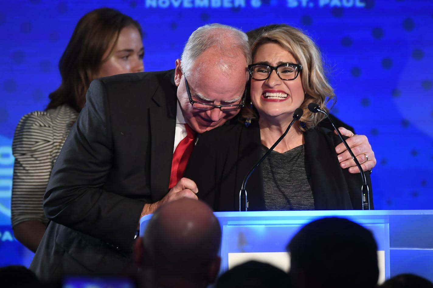 Governor-elect Tim Walz embraced running mate, Lt. Governor-elect Peggy Flanagan, as they took the stage for their acceptance speech Tuesday night at the DFL headquarters election party.