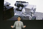 Koji Sato, chief executive of Toyota Motor Corp., speaks during a news conference in Tokyo, Tuesday, May 28, 2024. “An engine reborn.” That's how 