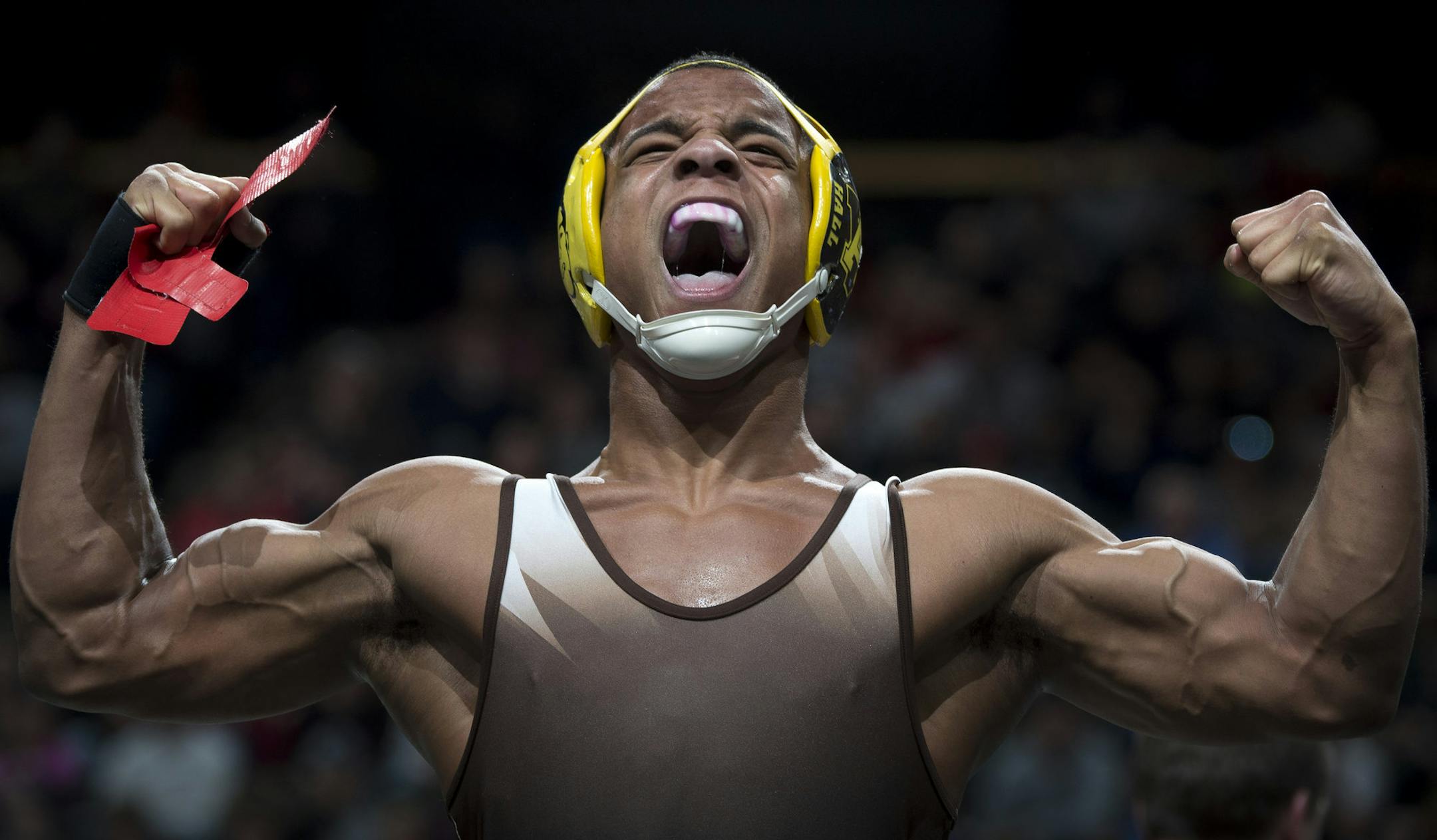 Apple Valley's Mark Hall celebrates after pinning Evan Ronsen, of St. Michael-Albertville, in the Class 3A 170 lb. championship match on Saturday. ] (Aaron Lavinsky | StarTribune) Wrestlers compete in the State Wrestling Tournament on Saturday, Feb. 28, 2015 at Xcel Energy Center in St. Paul.