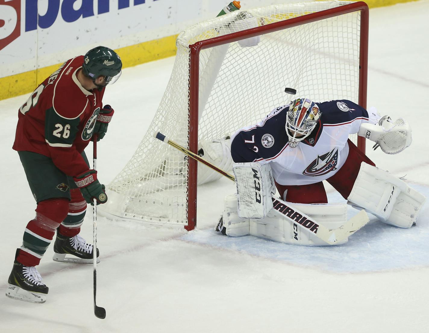 Minnesota Wild left wing Thomas Vanek (26) deflected a second period pass into the net behind Columbus Blue Jackets goalie Sergei Bobrovsky (72) to put the Wild ahead 3-2 in the second period Thursday night. ] JEFF WHEELER &#xef; jeff.wheeler@startribune.com The Minnesota Wild hosted the Columbus Blue Jackets in an NHL game Thursday night, October 22, 2105 at Xcel Energy Center in St. Paul.