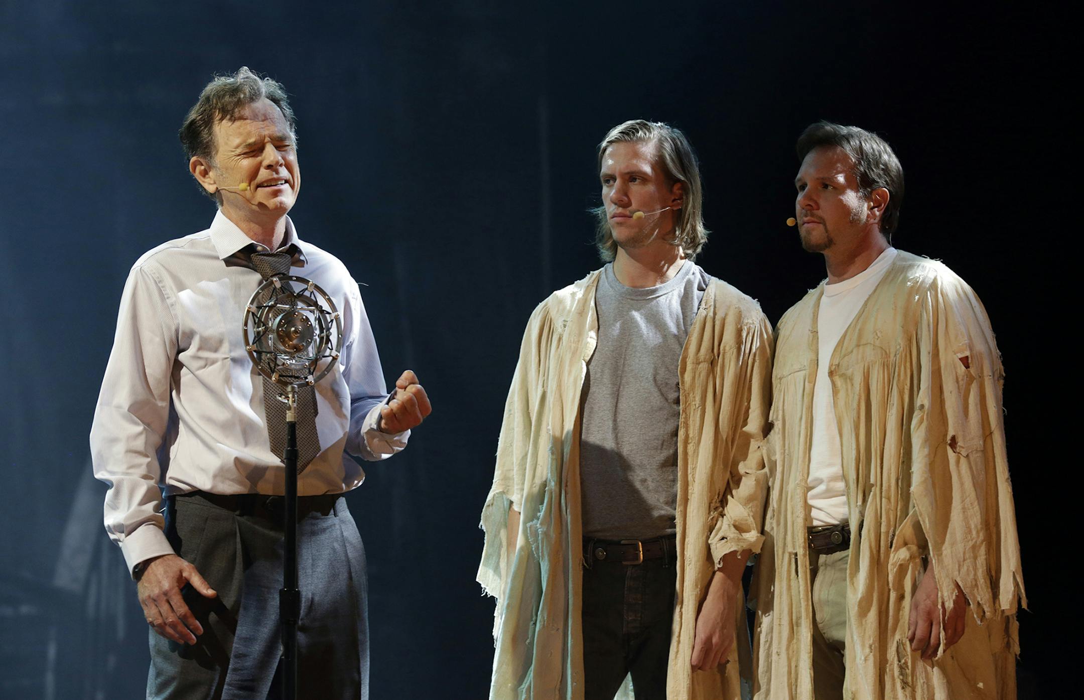 This Tuesday, Oct. 8, 2013 photo shows Bruce Greenwood, left, as Joe McCandless, left, during a dress rehearsal of the musical "Ghost Brothers of Darkland County" at the Indiana University Auditorium in Bloomington, Ind. The musical by John Mellencamp, writer Stephen King and T Bone Burnett will debut in Bloomington on Thursday before embarking on a tour of 20 U.S. cities. (AP Photo/Michael Conroy) ORG XMIT: INMC109