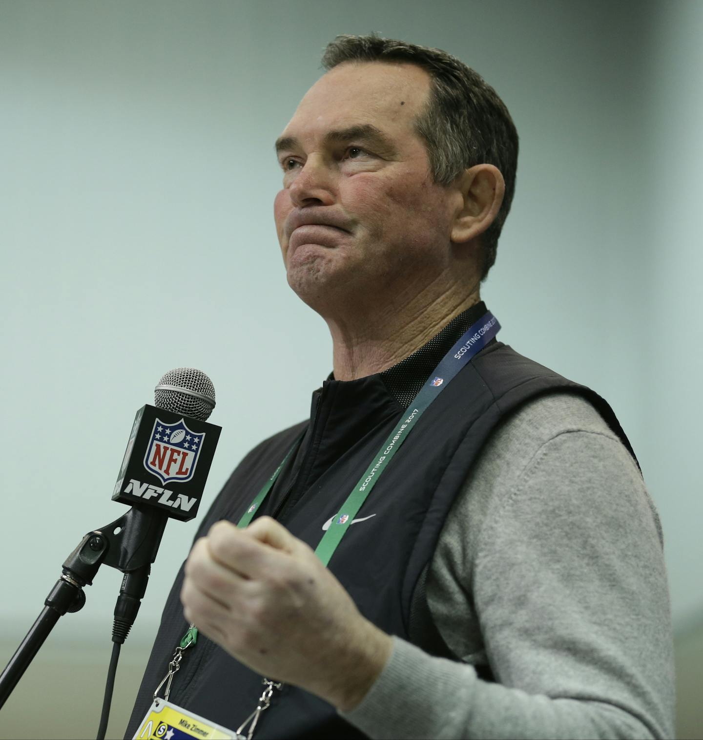 Minnesota Vikings head coach Mike Zimmer speaks during a press conference at the NFL Combine in Indianapolis, Thursday, March 2, 2017. (AP Photo/Michael Conroy)