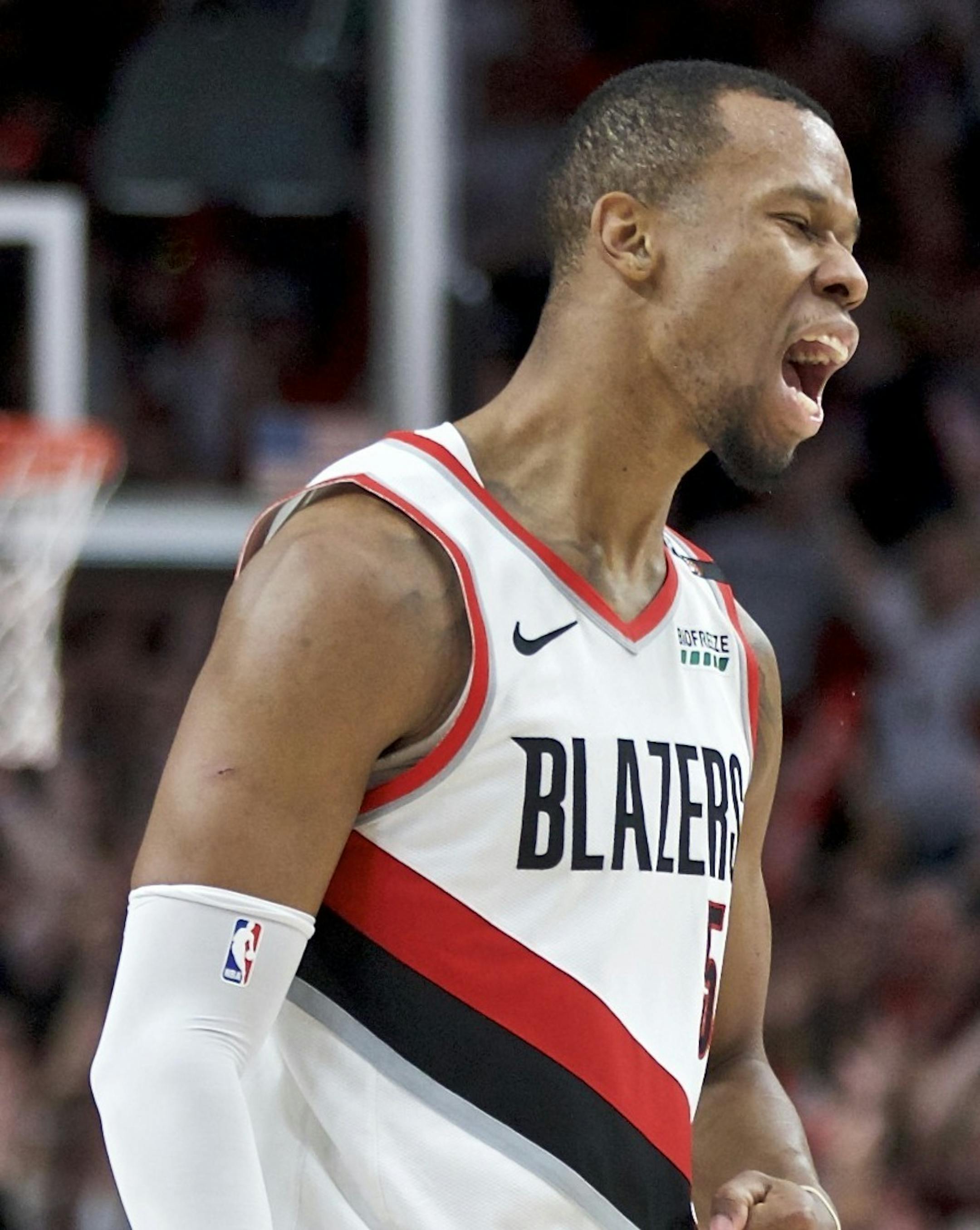 Portland Trail Blazers guard Rodney Hood reacts after making a three point basket against the Denver Nuggets during the fourth overtime of Game 3 of an NBA basketball second-round playoff series Friday, May 3, 2019, in Portland, Ore. (AP Photo/Craig Mitchelldyer)