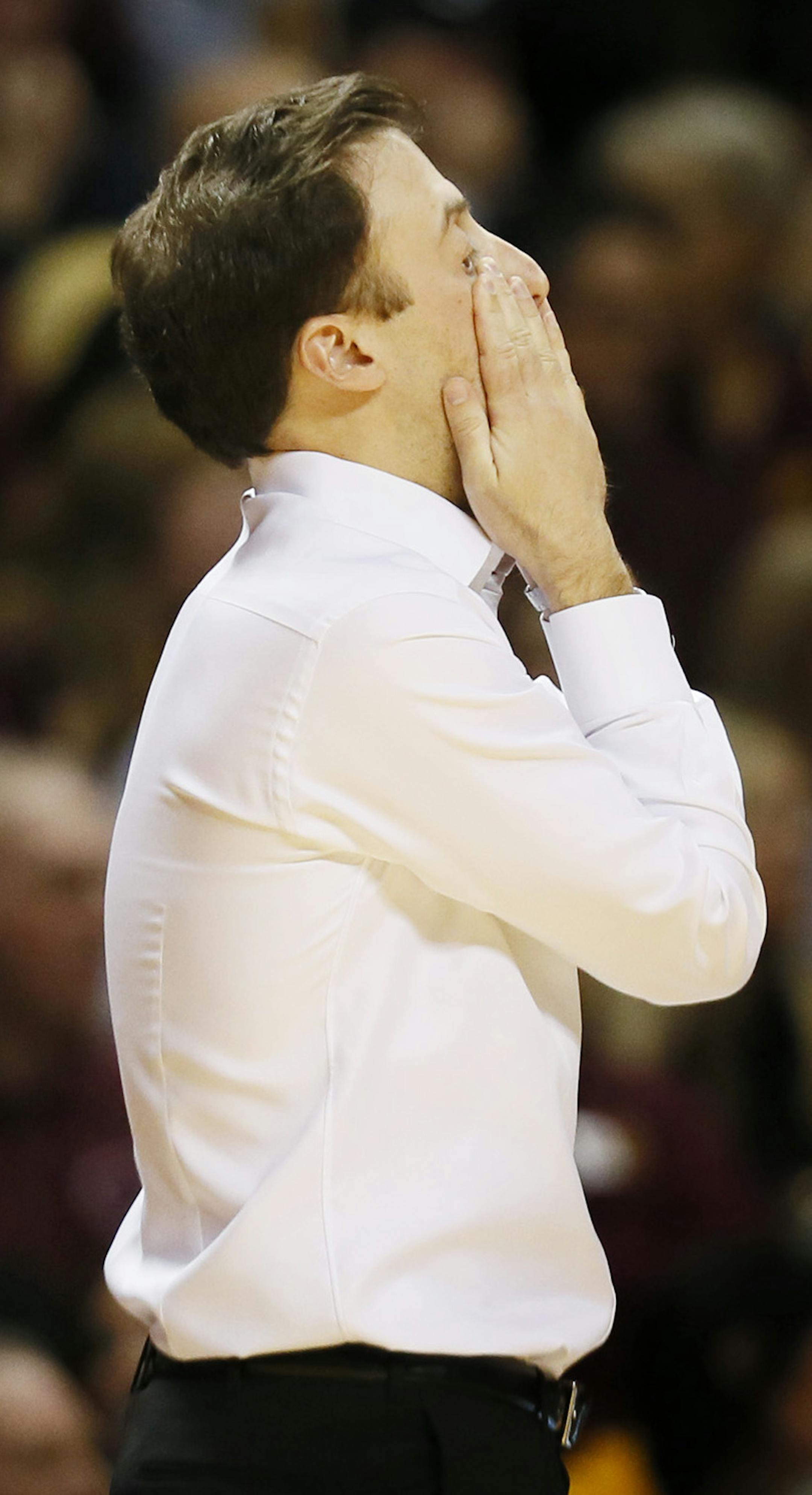 Minnesota coach Richard Pitino reacted late in the game after a Penn State score. Minnesota lost to Penn State79-76 at Williams Arena Sunday March 8, 2015 in Minneapolis, Minnesota. ] Jerry Holt/ Jerry.Holt@Startribune.com