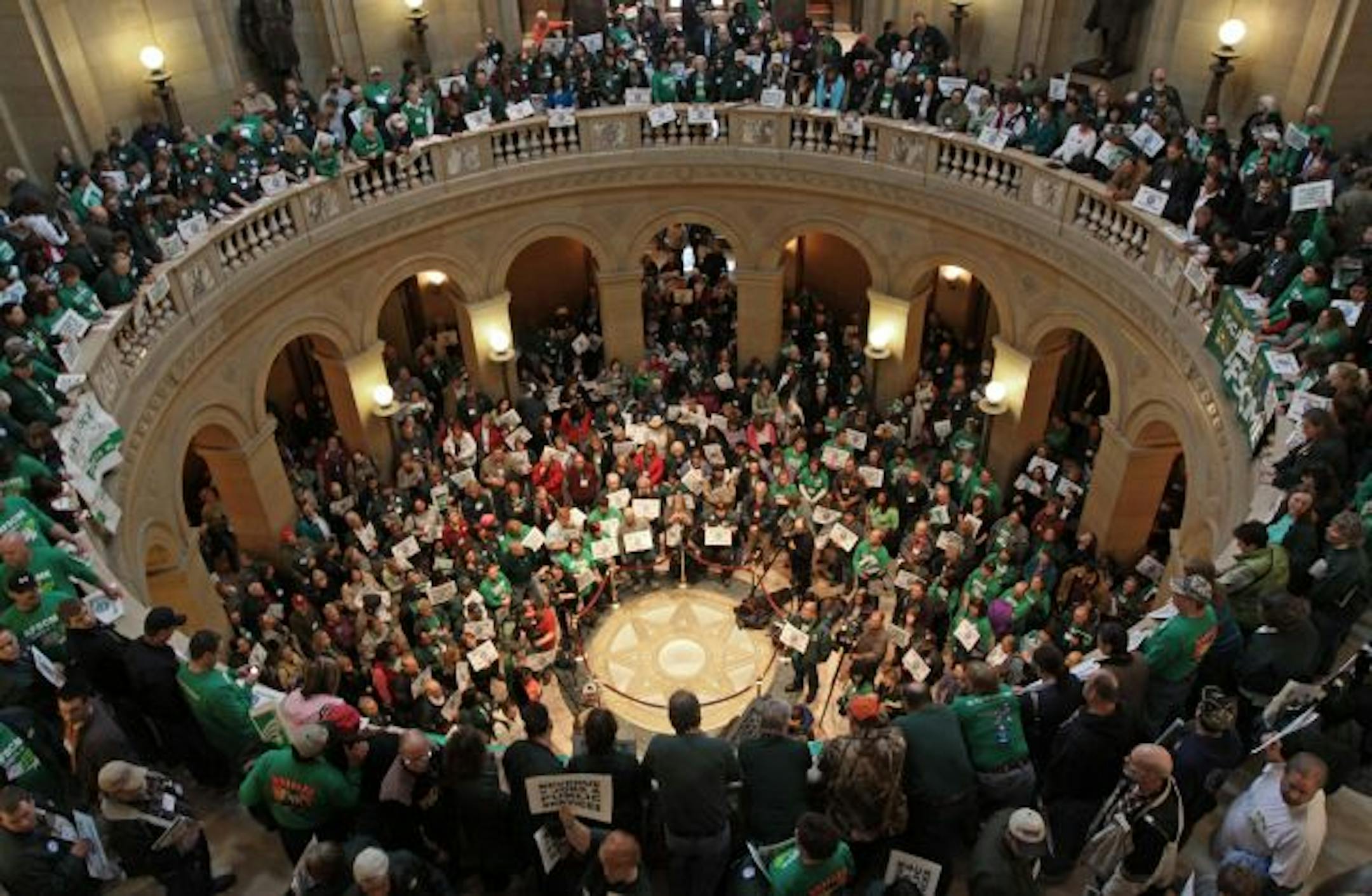Several thousand members of AFSCME Council 5 packed into the Capital rotunda for a day on the hill. The event included speeches by union members and leaders and visits to legislators.