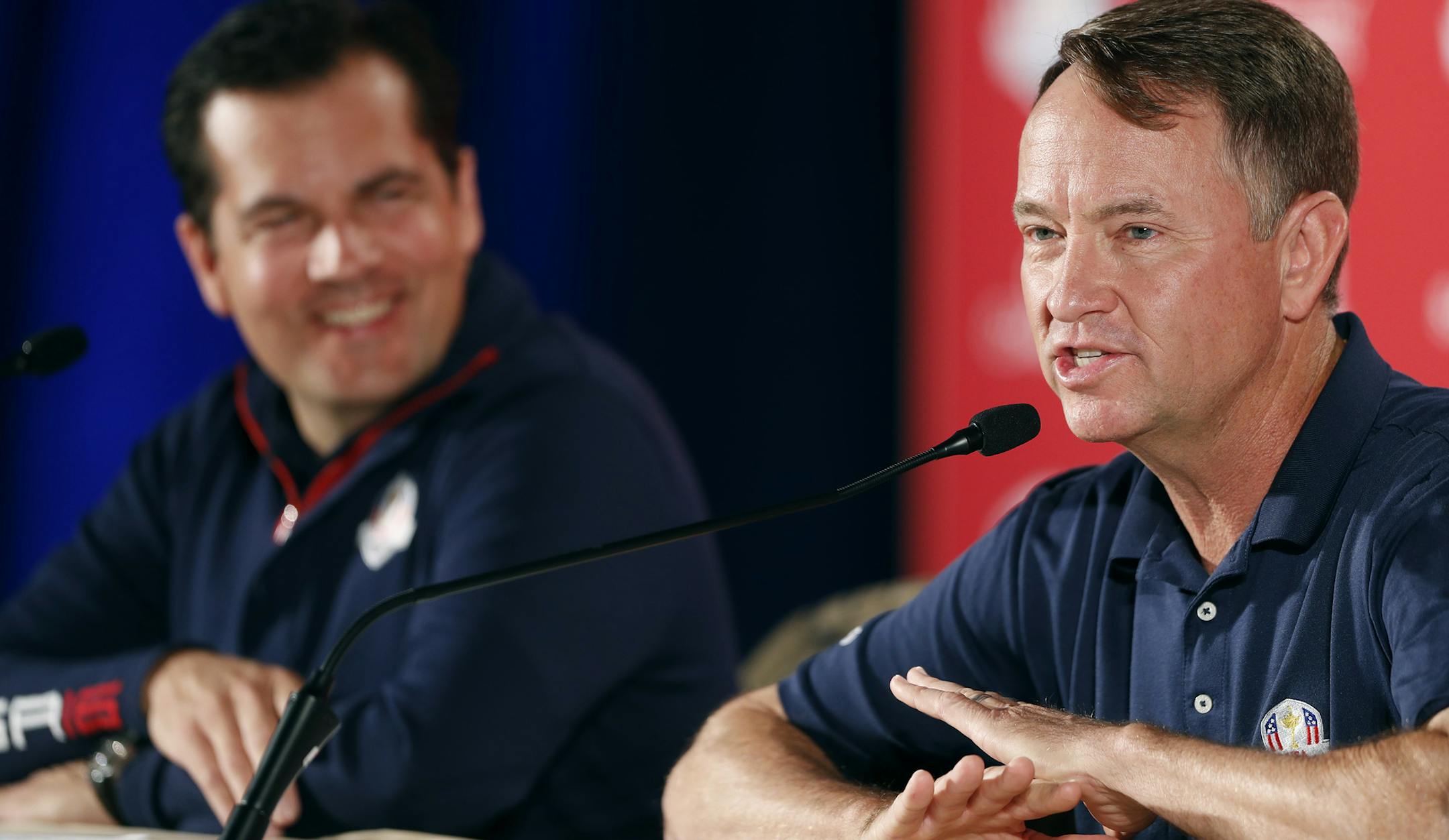 Ryder Cup captain Davis Love III right, and Derek Sprague, PGA of America president announced that J.B. Holmes, Rickie Fowler, and Matt Kuchar will be the Ryder Cup team at Hazeltine National Golf Club Monday September 12, 2016 in Chaska, MN. ] Davis Love III, USA Ryder Cup captain, holds a news conference and plans to announce three of his four captain's picks. Jerry Holt / jerry. Holt@Startribune.com