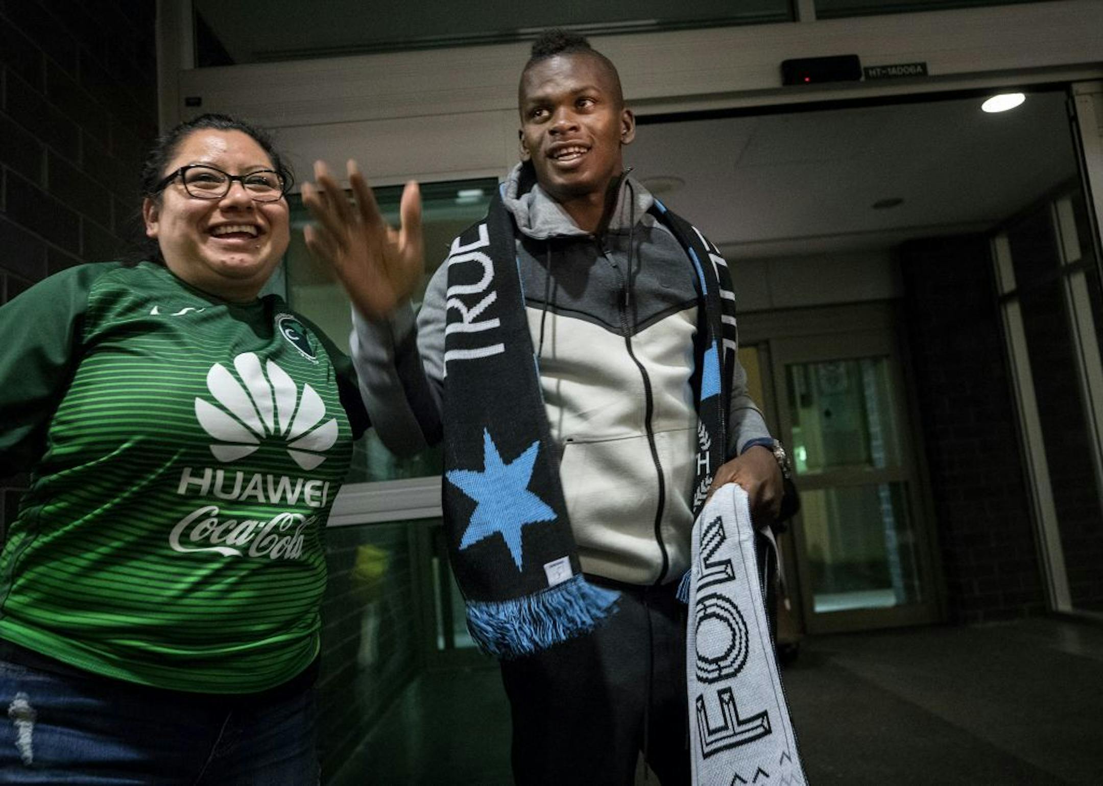 Darwin Quintero was greeted by fans and posed for photos at Terminal 2 of Minneapolis-St. Paul International Airport on Wednesday night.
