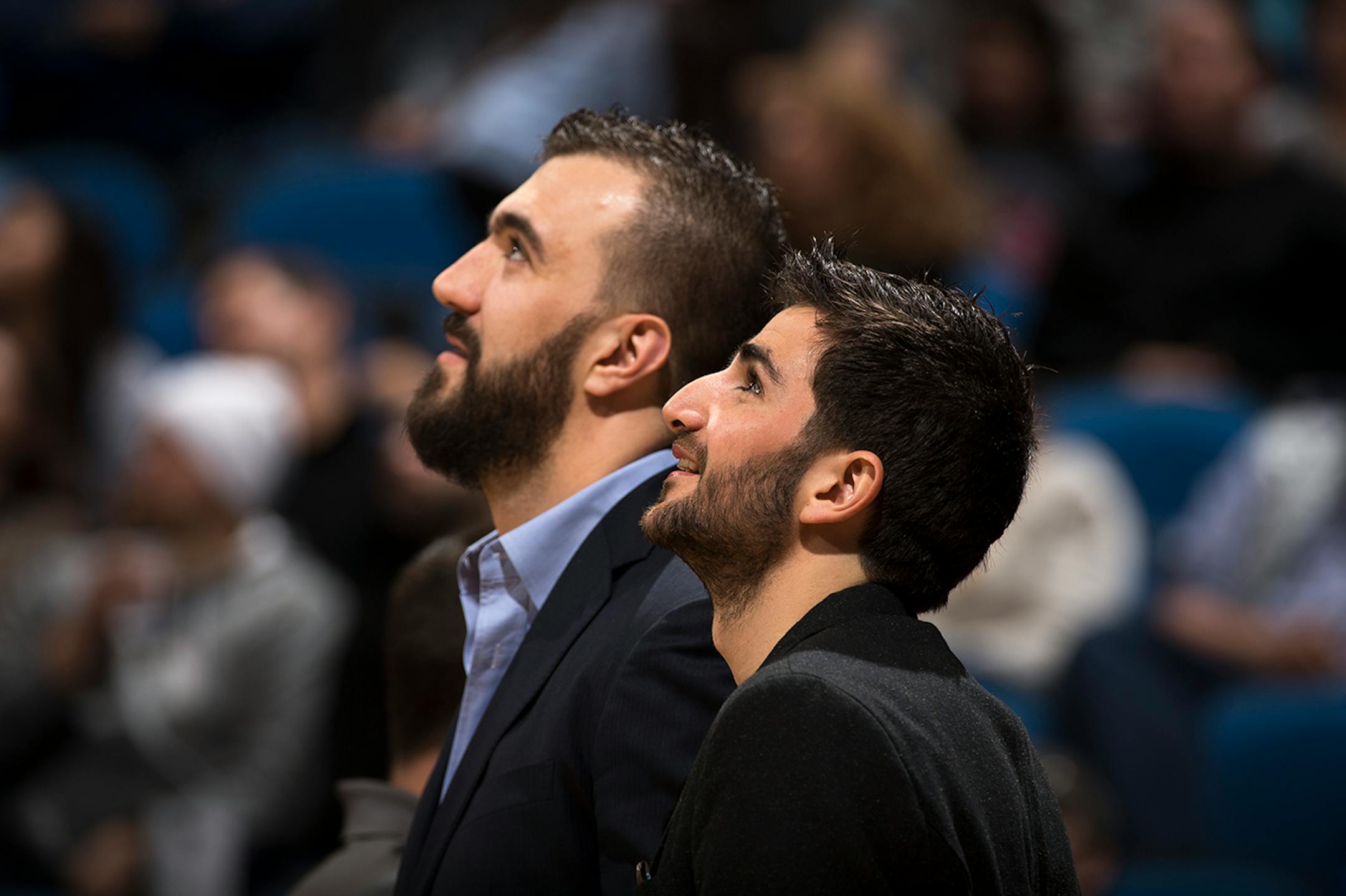 Minnesota Timberwolves guard Ricky Rubio (9) and center Nikola Pekovic (14) watch some game time entertainment on the big screen during a timeout in the first half of Saturday night's game against Utah. ] (Aaron Lavinsky | StarTribune) The Minnesota Timberwolves play the Utah Jazz on Saturday, Jan. 3, 2015 at Target Center in Minneapolis.