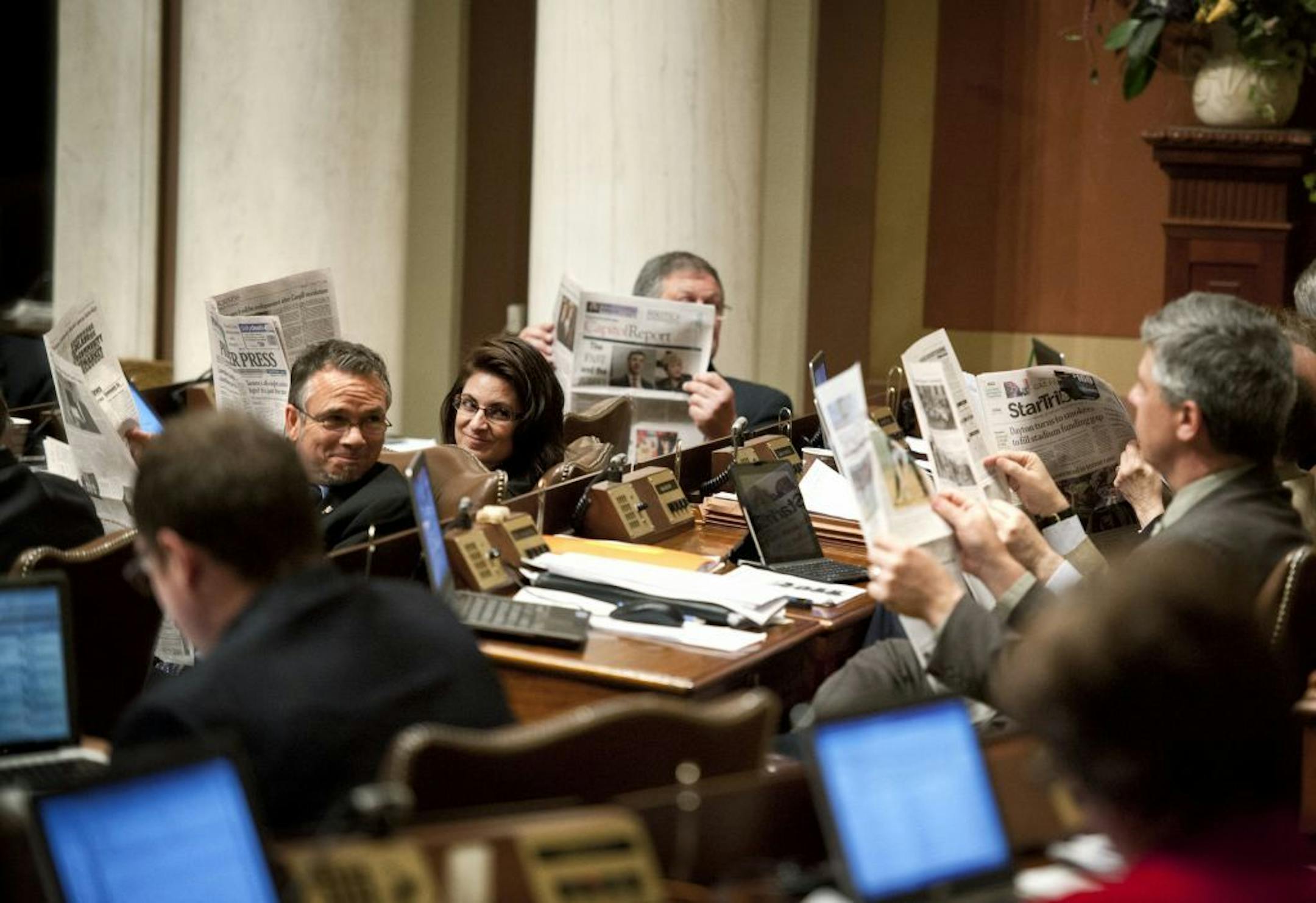 Many GOP House members pretended to read newspapers as the vote was taking place on the bonding bill as a show of defiance for the DFL majority bringing up a bonding bill in a non-bonding bill year. Members defeated the bonding bill 76-56, it needed 81 votes to pass. Friday, May 17, 2013