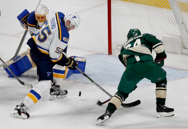 Mikael Granlund (64) missed an opportunity to score in the third period Wednesday night in Game 1 against the Blues.
