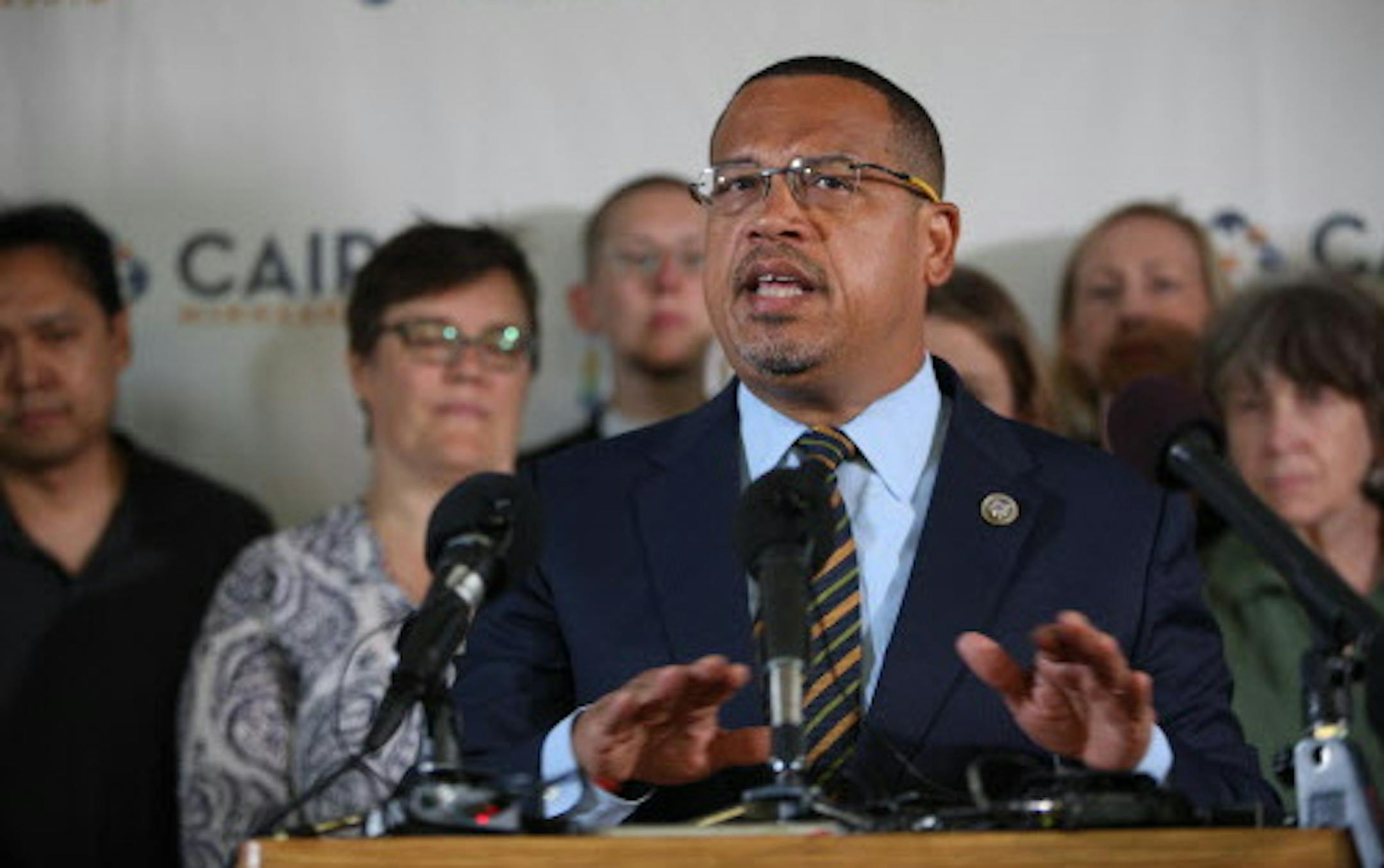 Representative Keith Ellison spoke at the press conference expresses his strong disapproval of the decision and the policy in general. ] ALEX KORMANN • alex.kormann@startribune.com Two dozen people from different groups in Minnesota came together for a press conference hosted by CAIR on Tuesday following the Supreme Court decision to uphold President Trump's travel ban. Speakers included attorneys, professors of law from the University of Minnesota, Congressmen and leaders of muslim activ
