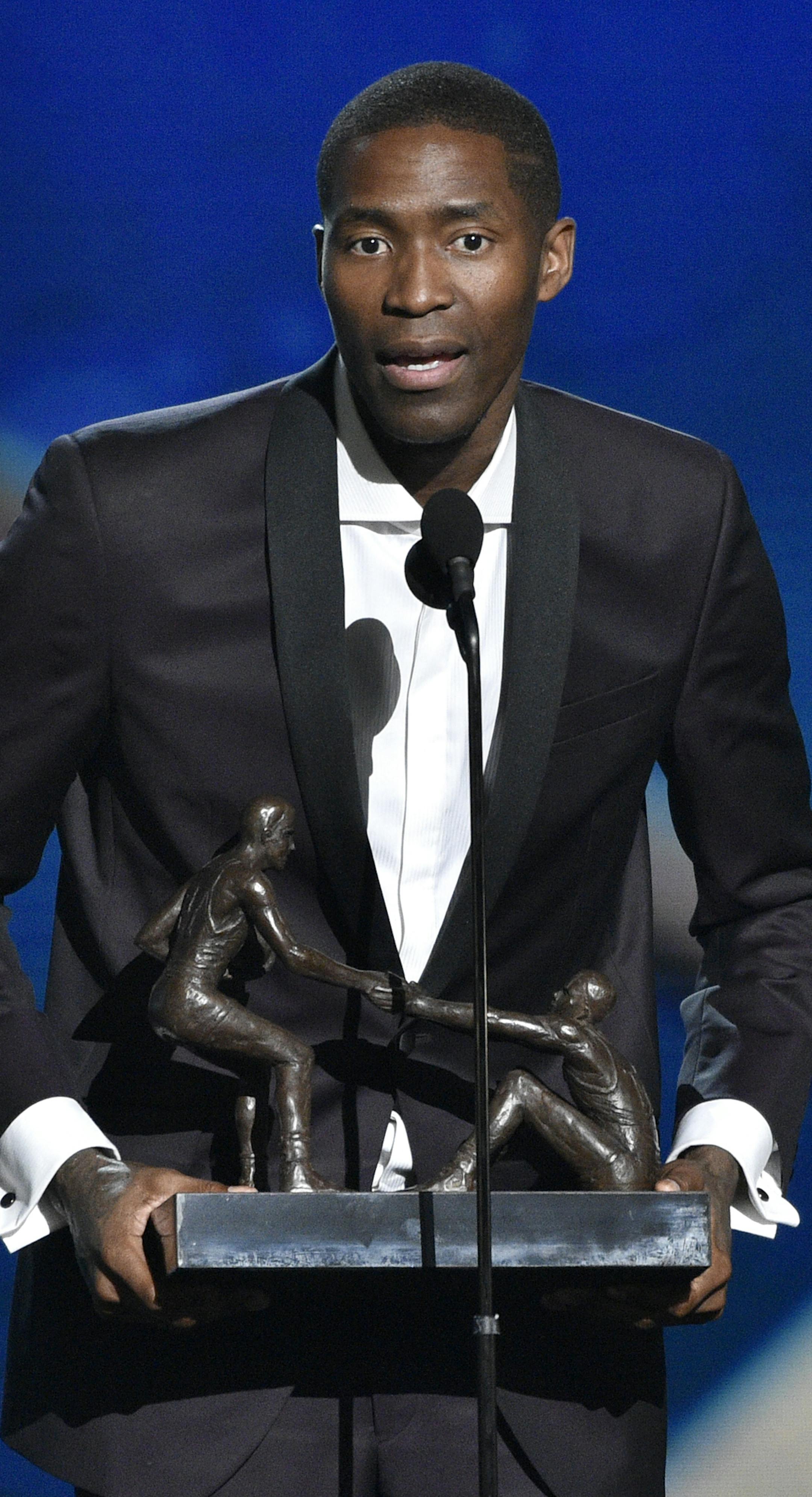 Jamal Crawford, of the Minnesota Timberwolves, accepts the Twyman–Stokes teammate of the year award at the NBA Awards on Monday, June 25, 2018, at the Barker Hangar in Santa Monica, Calif. (Photo by Chris Pizzello/Invision/AP)