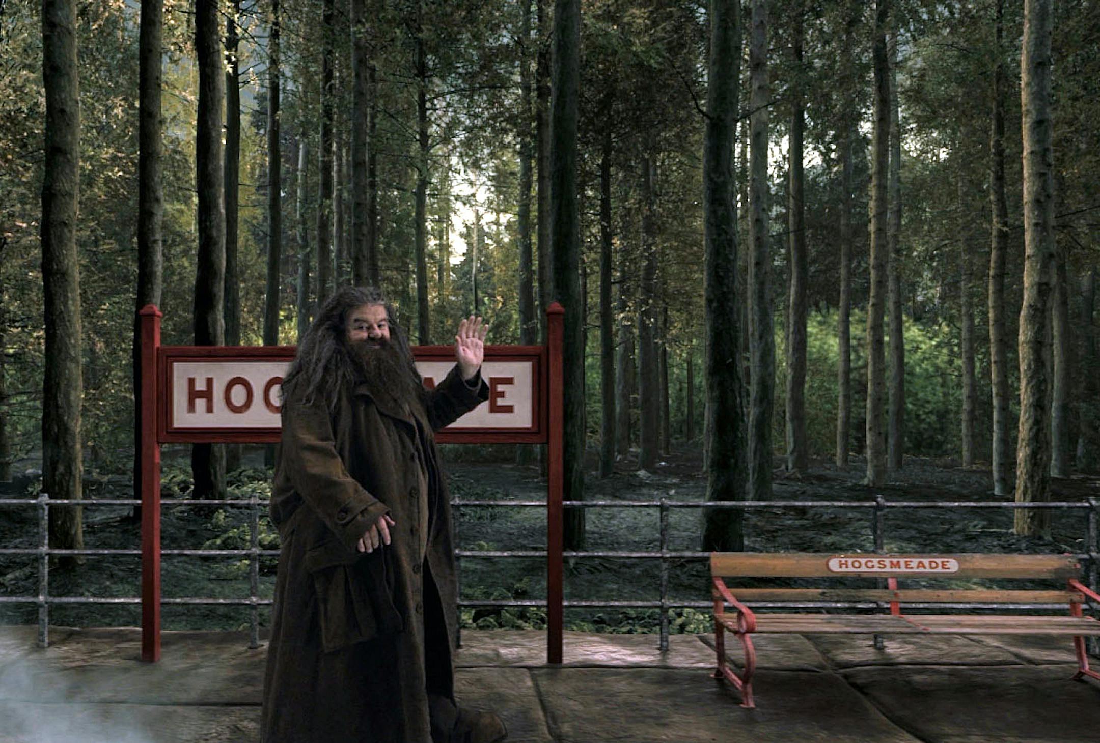 This image released by Universal Orlando shows the character Hagrid from the "Happy Potter" book and film series in a scene from the Hogwarts Express attraction that will debut this summer at Universal Orlando. The attraction will allow fans to ride the Hogwarts Express train and experience the British countryside just as the characters did in the book and movie series.